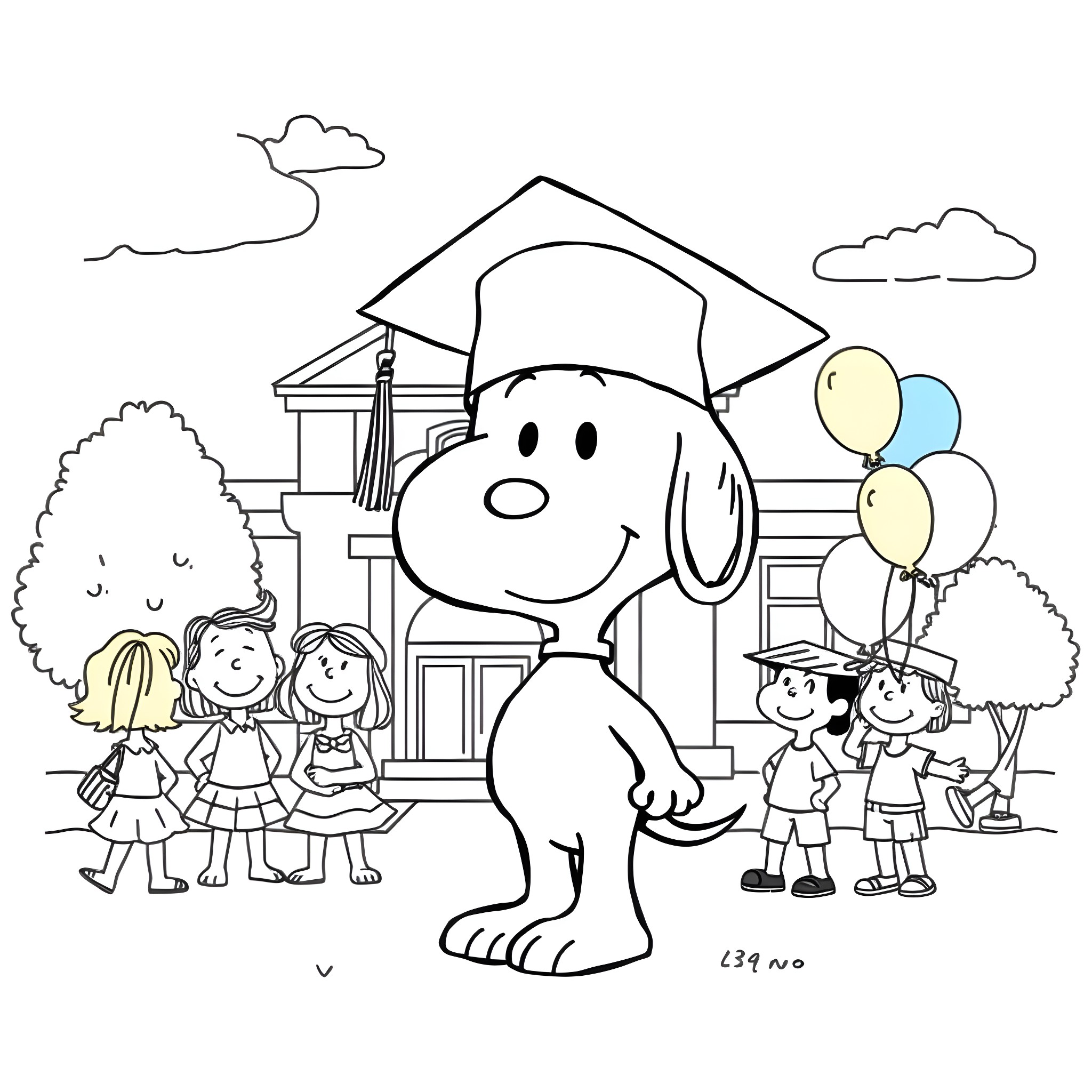 Snoopy Celebrates Graduation with Friends Coloring Page (free black-and-white line drawing printable PDF for all, from beginners to advanced learners, including children, teens, adults, and seniors)