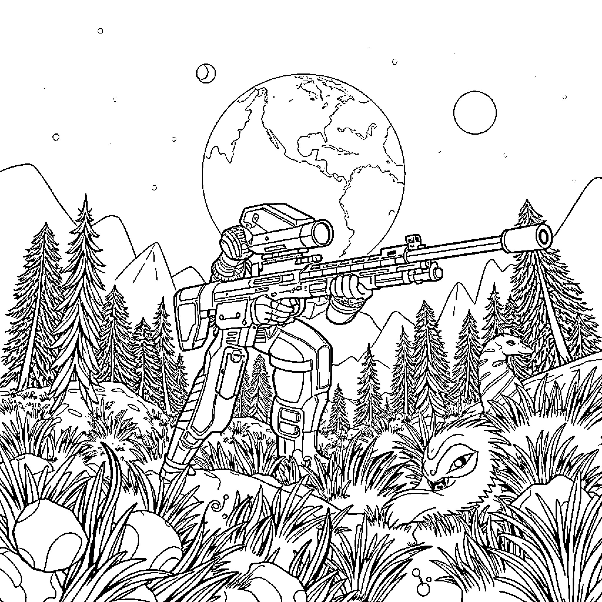 Huntrix Protects the Planet in the Wilderness Coloring Page (free black-and-white line drawing printable PDF for all, from beginners to advanced learners, including children, teens, adults, and seniors)