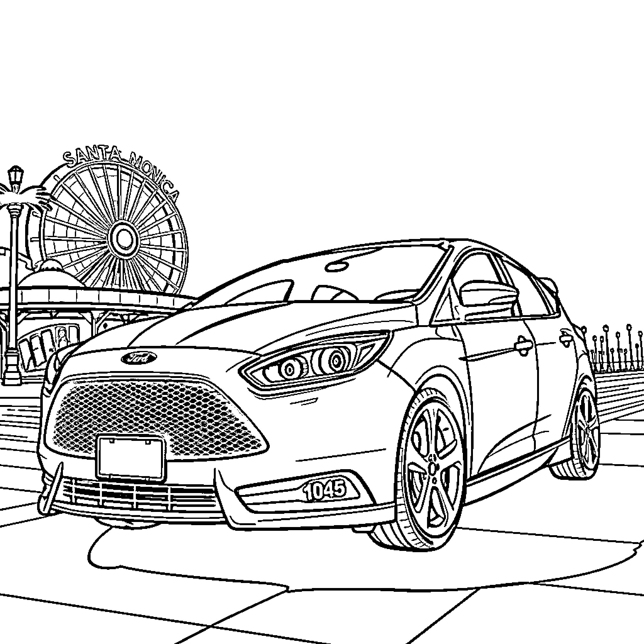 Ford sports car driving in an urban setting Coloring Page (free black-and-white line drawing printable PDF for all, from beginners to advanced learners, including children, teens, adults, and seniors)