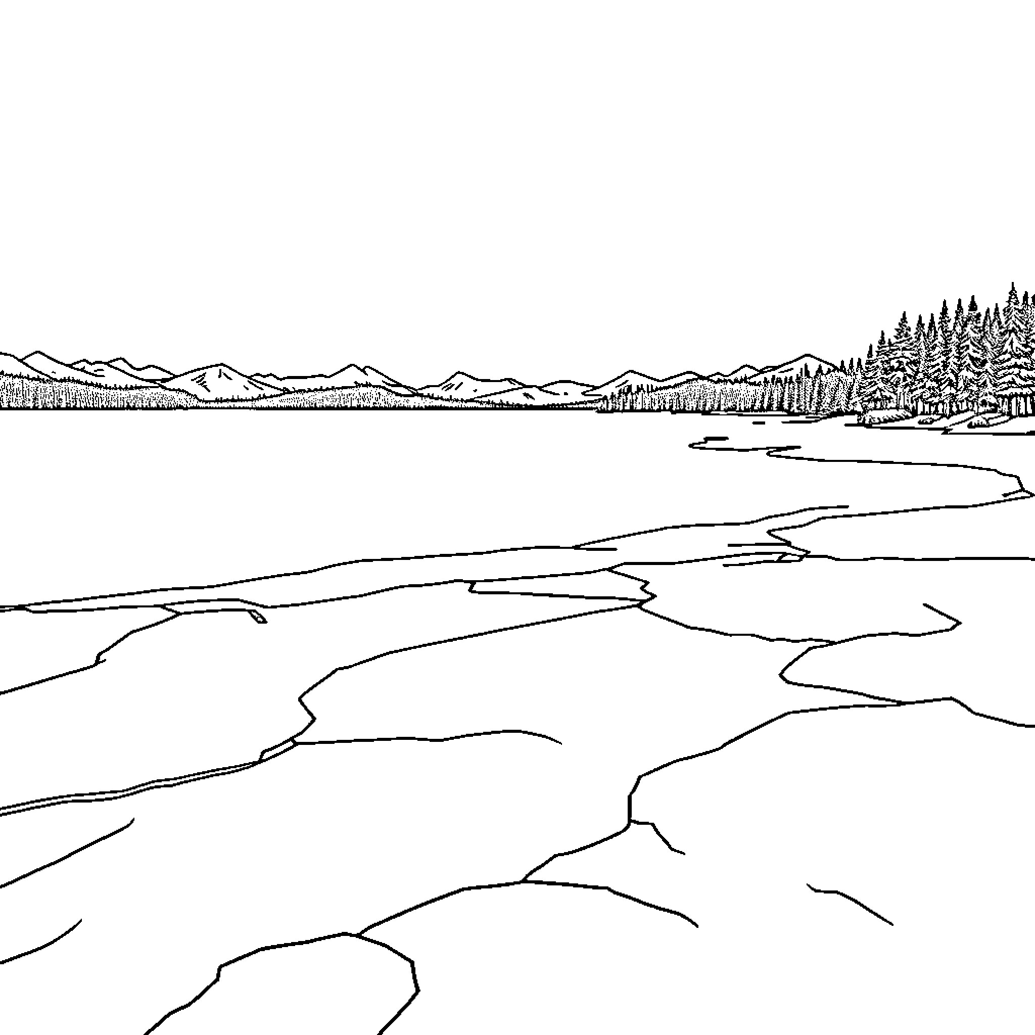 Frozen landscape with snowy mountains and forests Coloring Page (free black-and-white line drawing printable PDF for all, from beginners to advanced learners, including children, teens, adults, and seniors)