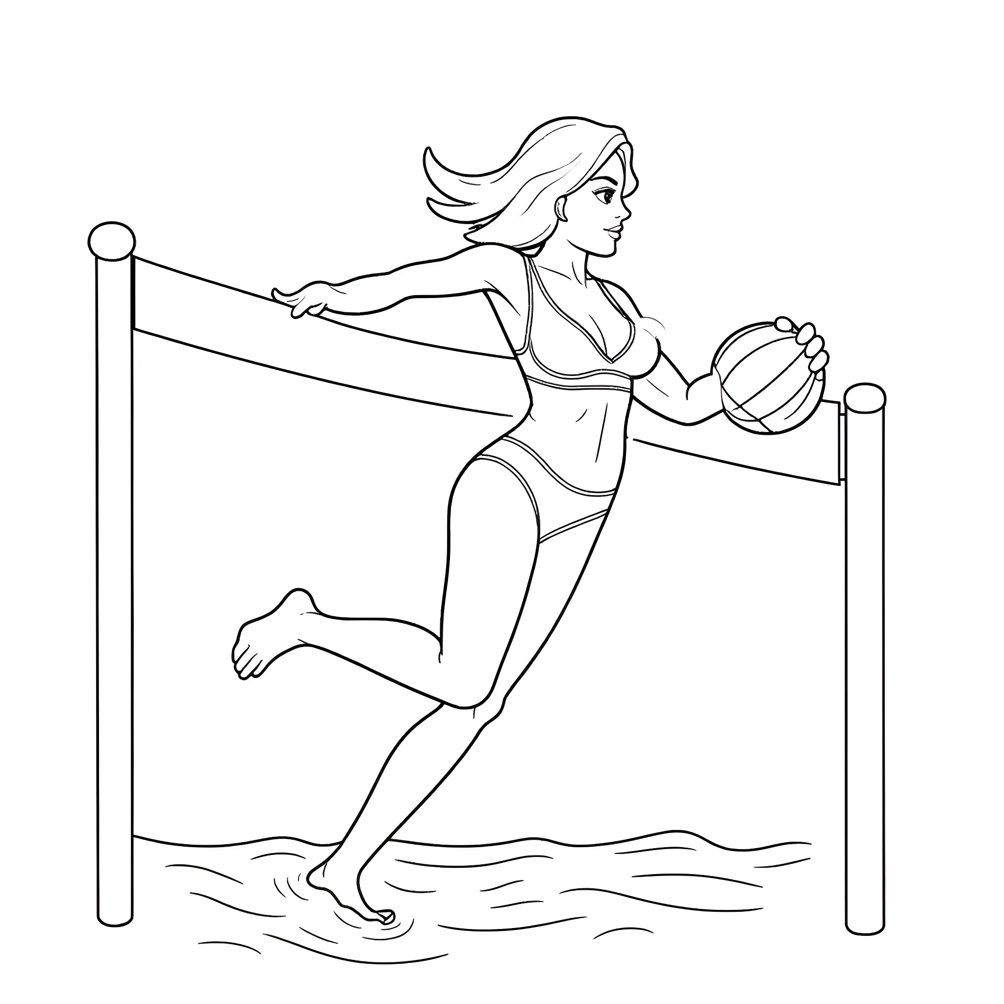 Woman playing volleyball on the beach Coloring Page (free black-and-white line drawing printable PDF for all, from beginners to advanced learners, including children, teens, adults, and seniors)