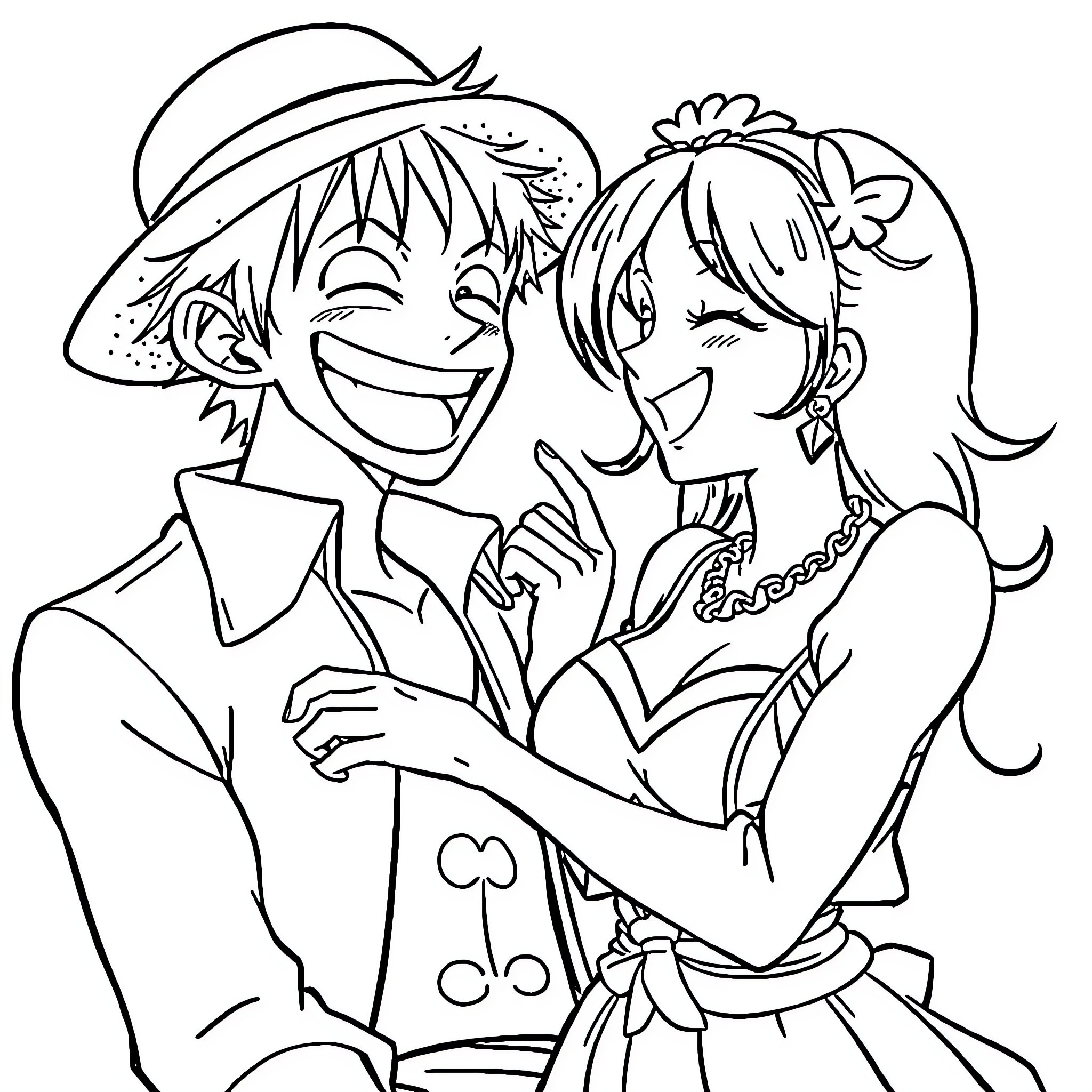 Monkey D Luffy and Friend Sharing a Joyful Moment Coloring Page (free black-and-white line drawing printable PDF for all, from beginners to advanced learners, including children, teens, adults, and seniors)