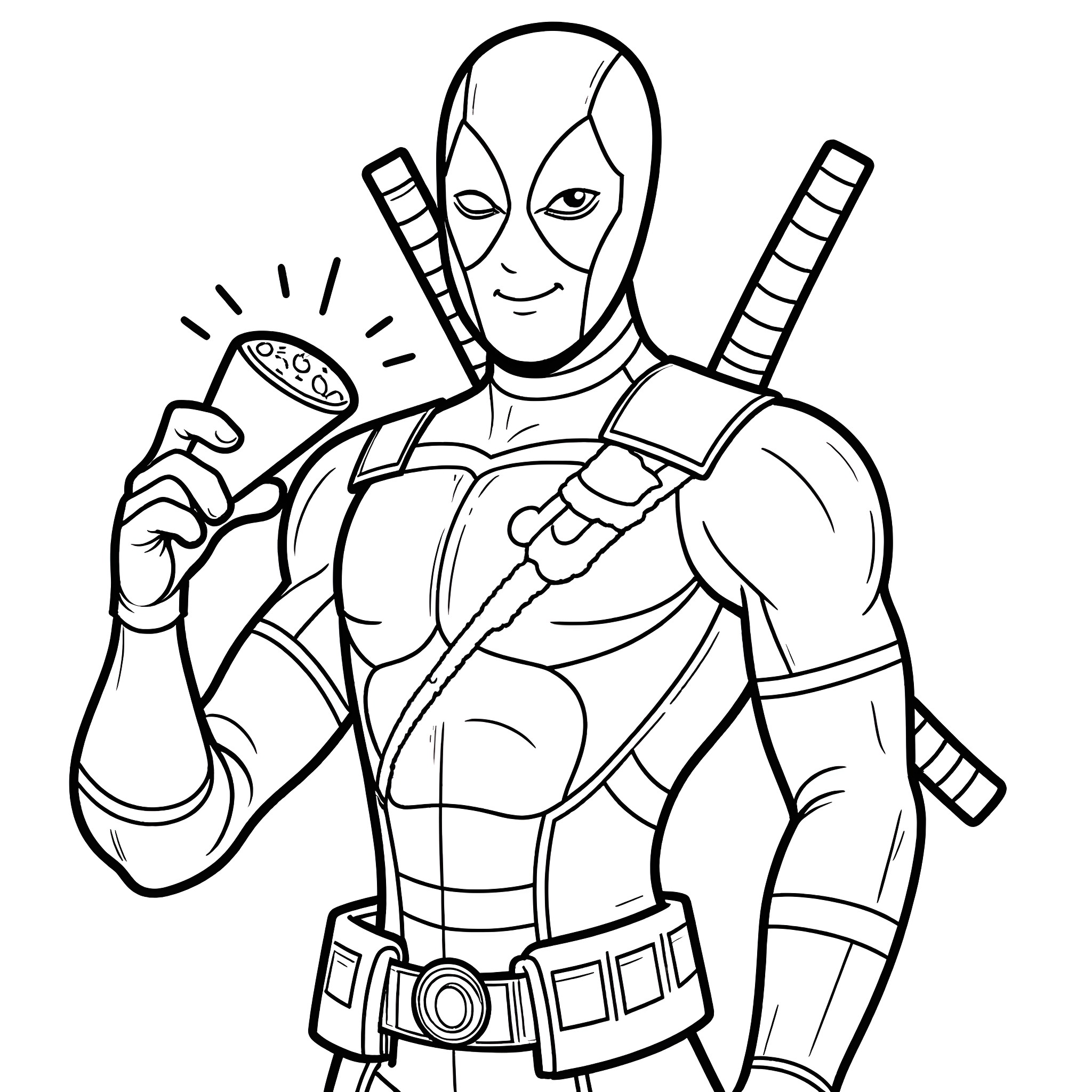 Deadpool in action-packed pose with weapons Coloring Page (free black-and-white line drawing printable PDF for all, from beginners to advanced learners, including children, teens, adults, and seniors)