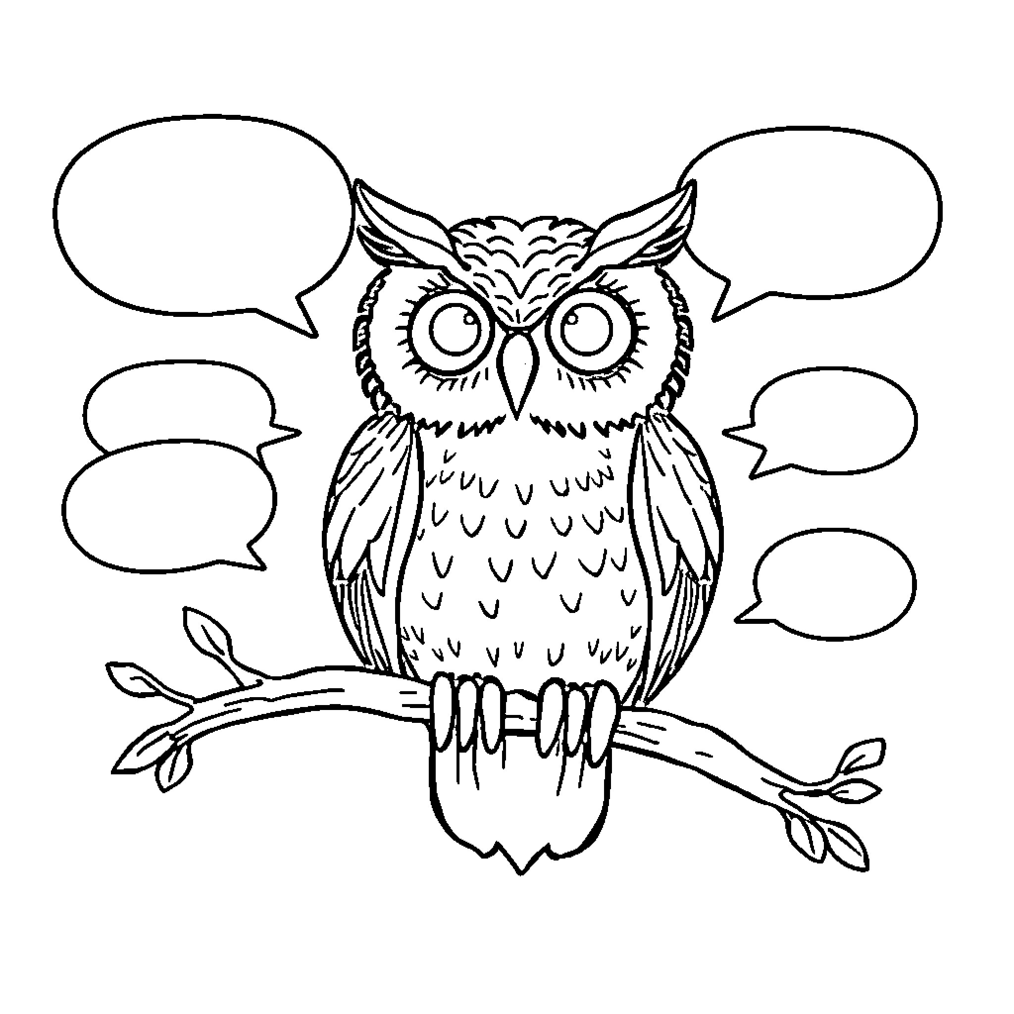 Owl with speech bubbles perched on branch Coloring Page (free black-and-white line drawing printable PDF for all, from beginners to advanced learners, including children, teens, adults, and seniors)