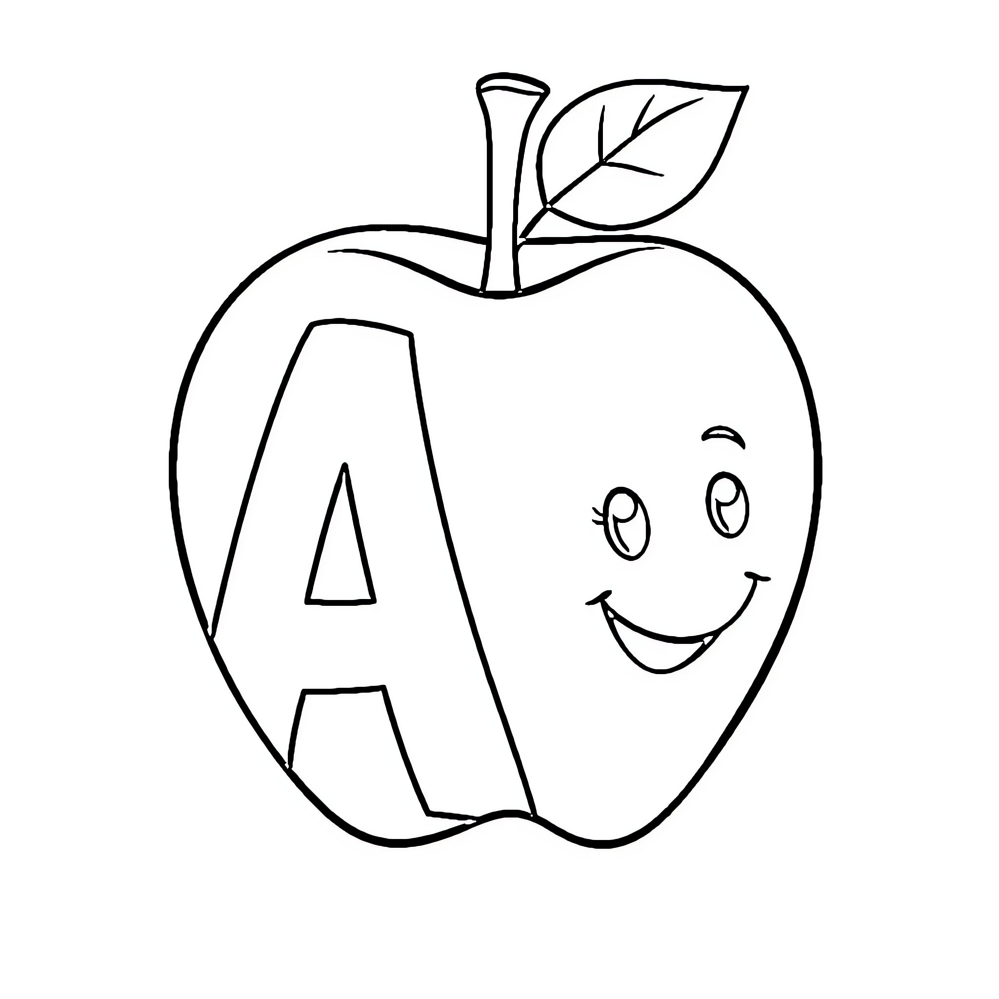 Apple-shaped letter with a smiling face Coloring Page (free black-and-white line drawing printable PDF for all, from beginners to advanced learners, including children, teens, adults, and seniors)