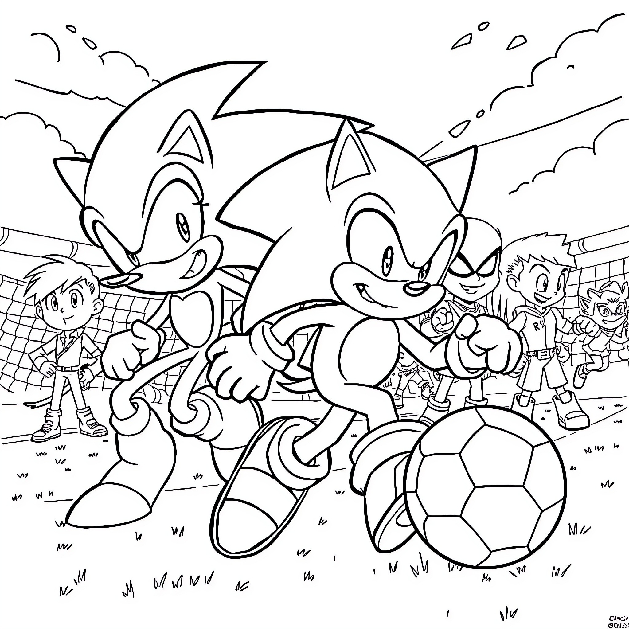 Sonic characters playing soccer on a field Coloring Page (free black-and-white line drawing printable PDF for all, from beginners to advanced learners, including children, teens, adults, and seniors)