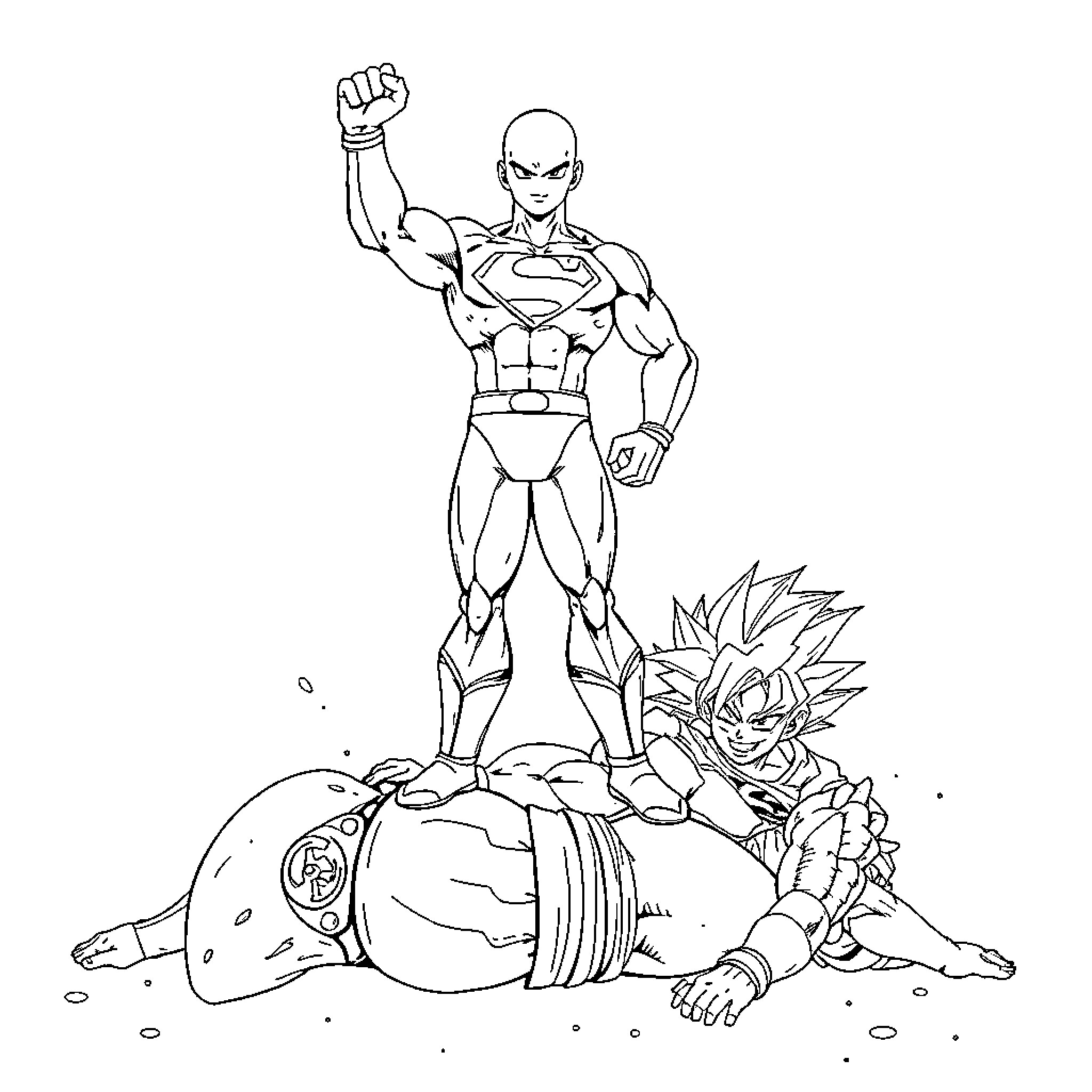 Saitama triumphantly stands over a defeated opponent Coloring Page (free black-and-white line drawing printable PDF for all, from beginners to advanced learners, including children, teens, adults, and seniors)