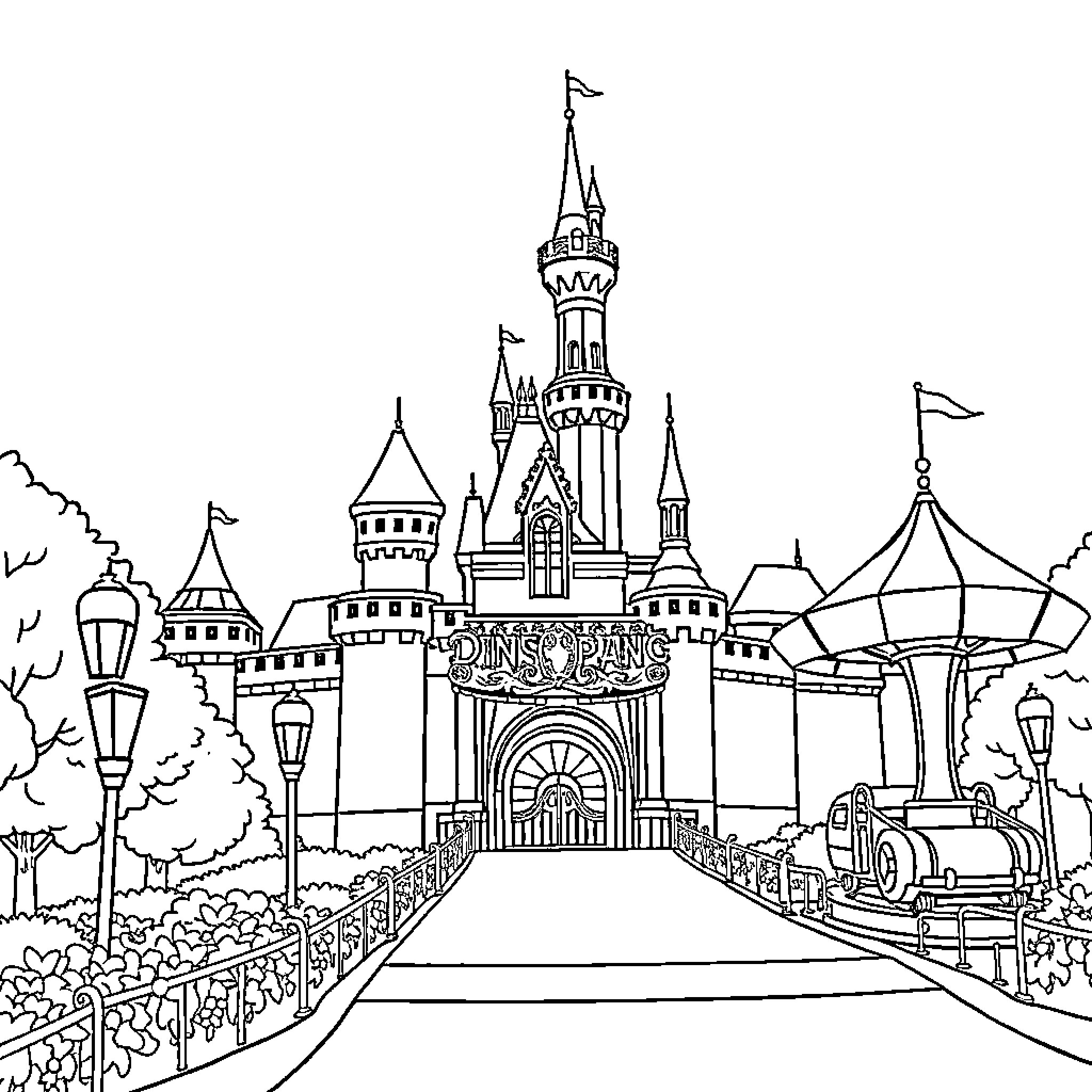 Disneyland castle and attractions in a whimsical scene Coloring Page (free black-and-white line drawing printable PDF for all, from beginners to advanced learners, including children, teens, adults, and seniors)