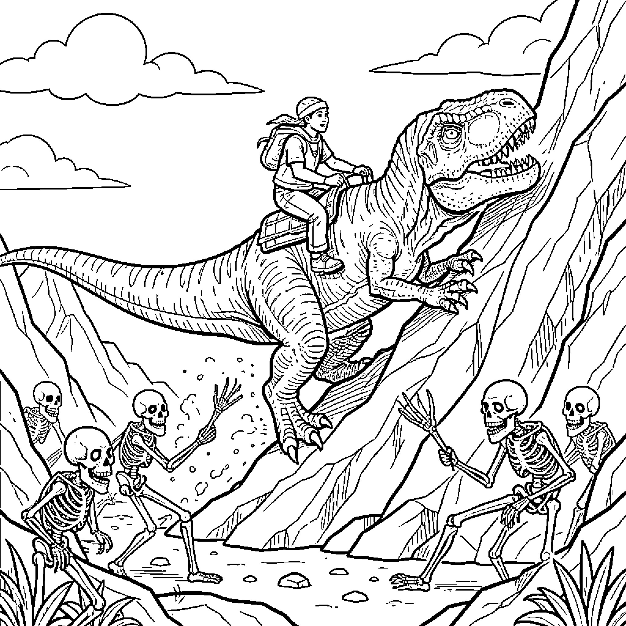 Dinosaur Adventure in the Land of Skeletons Coloring Page (free black-and-white line drawing printable PDF for all, from beginners to advanced learners, including children, teens, adults, and seniors)