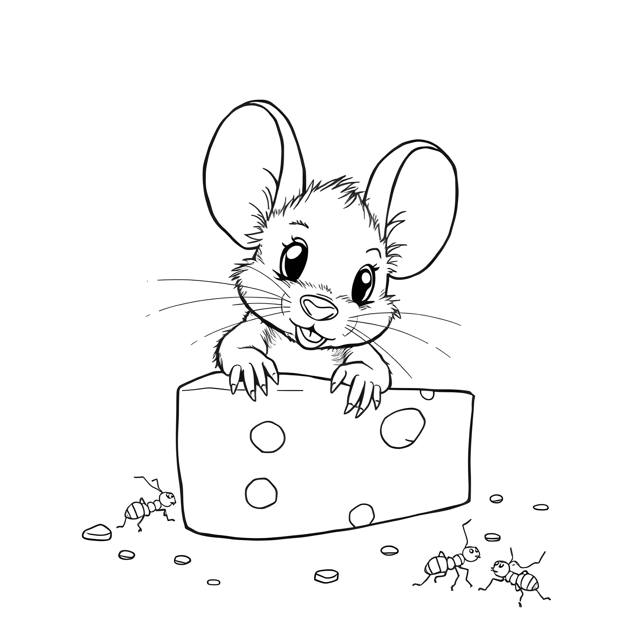 Mouse peeking from behind a cheese wedge Coloring Page (free black-and-white line drawing printable PDF for all, from beginners to advanced learners, including children, teens, adults, and seniors)