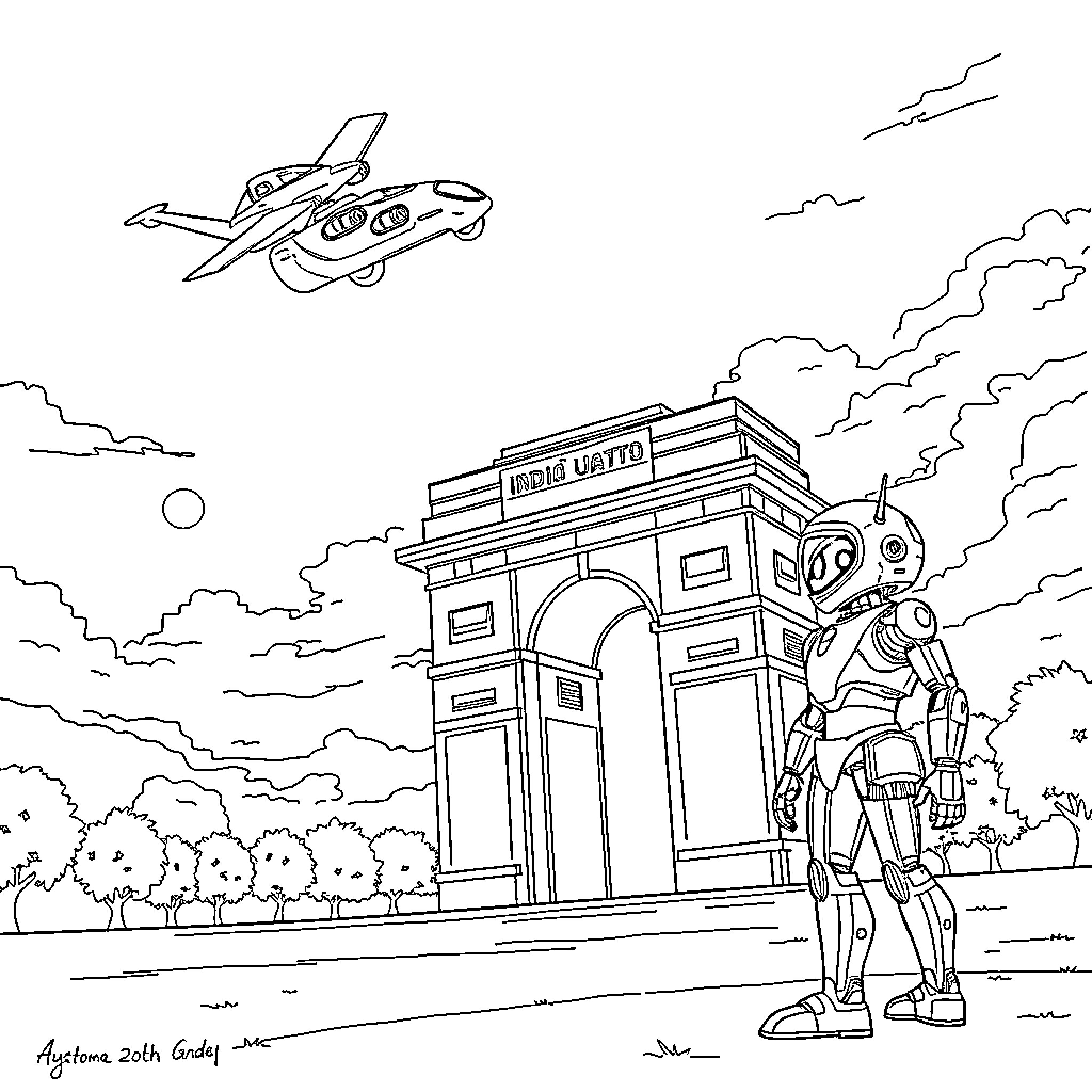 Flying Car Soaring Over Futuristic Cityscape Coloring Page (free black-and-white line drawing printable PDF for all, from beginners to advanced learners, including children, teens, adults, and seniors)