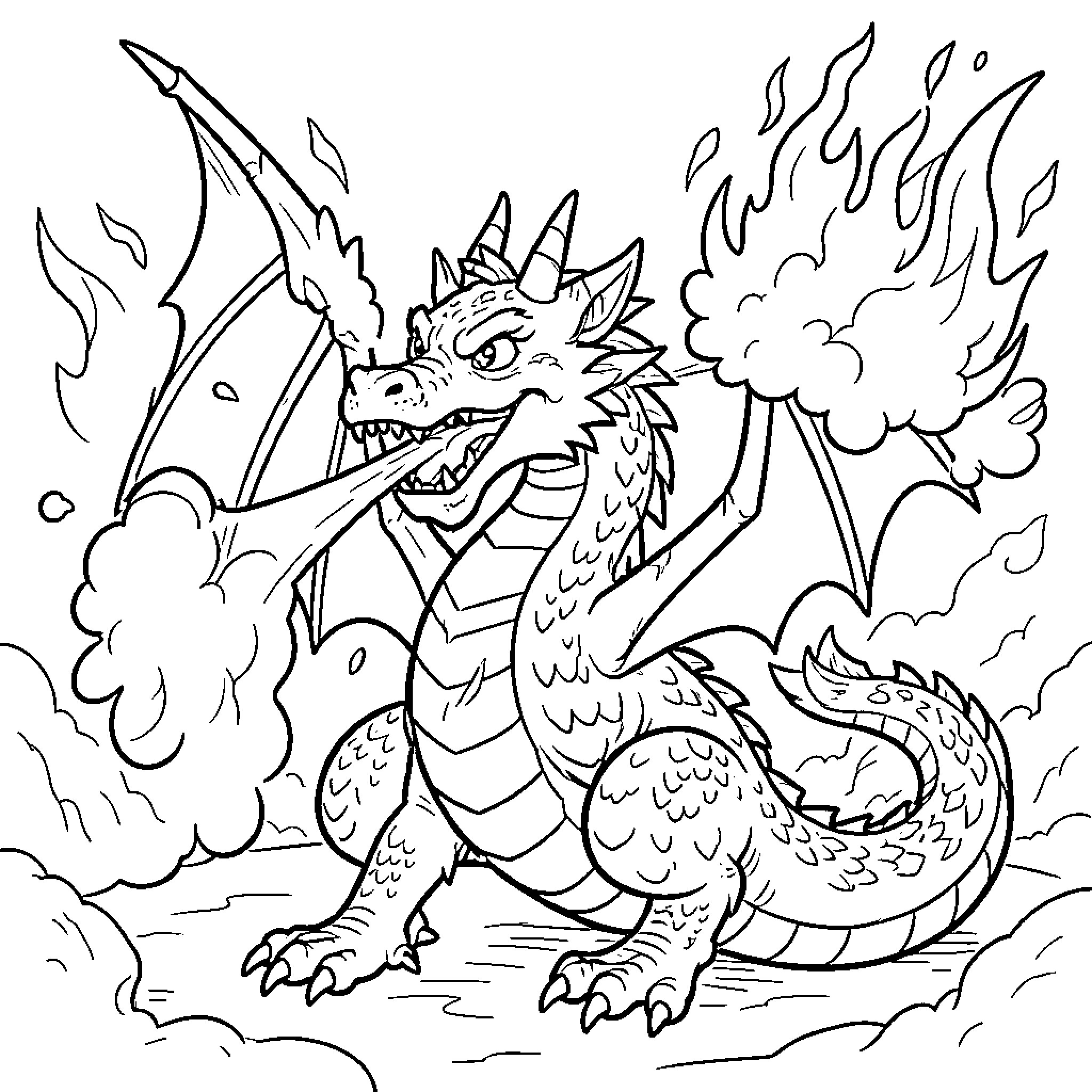 Dragon breathing fire and roaring fiercely Coloring Page (free black-and-white line drawing printable PDF for all, from beginners to advanced learners, including children, teens, adults, and seniors)