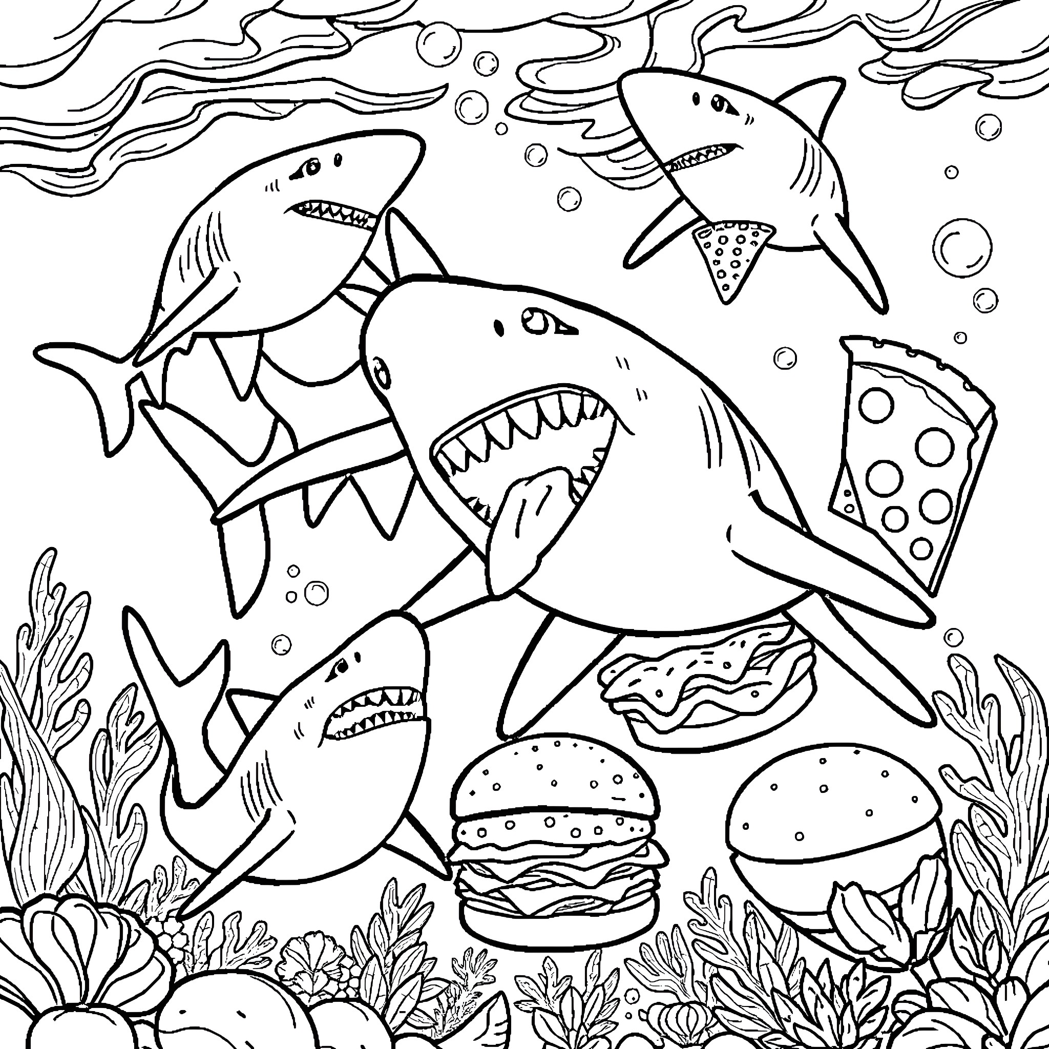 Shark feeding frenzy in the ocean Coloring Page (free black-and-white line drawing printable PDF for all, from beginners to advanced learners, including children, teens, adults, and seniors)