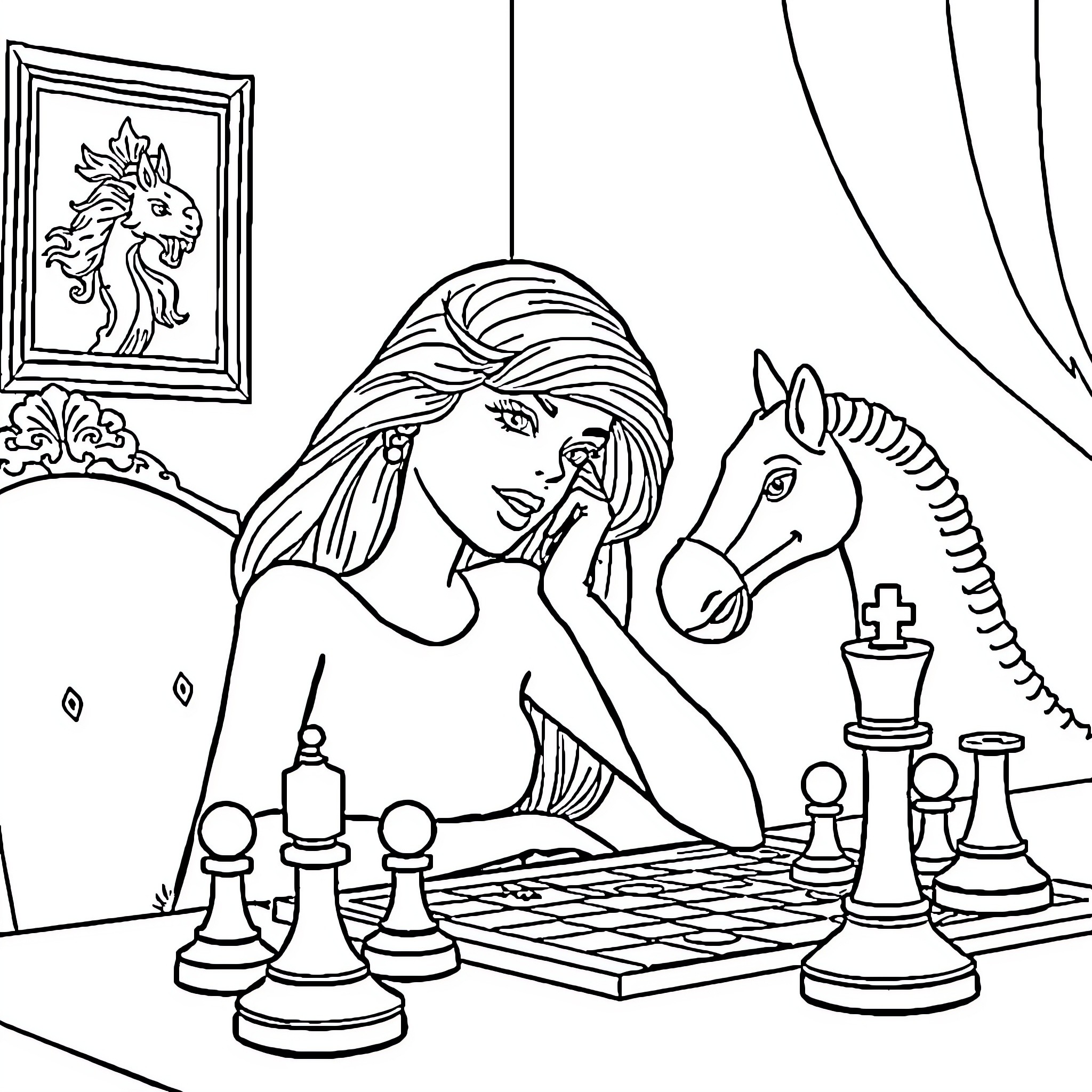 Barbie playing chess with her unicorn friend Coloring Page (free black-and-white line drawing printable PDF for all, from beginners to advanced learners, including children, teens, adults, and seniors)