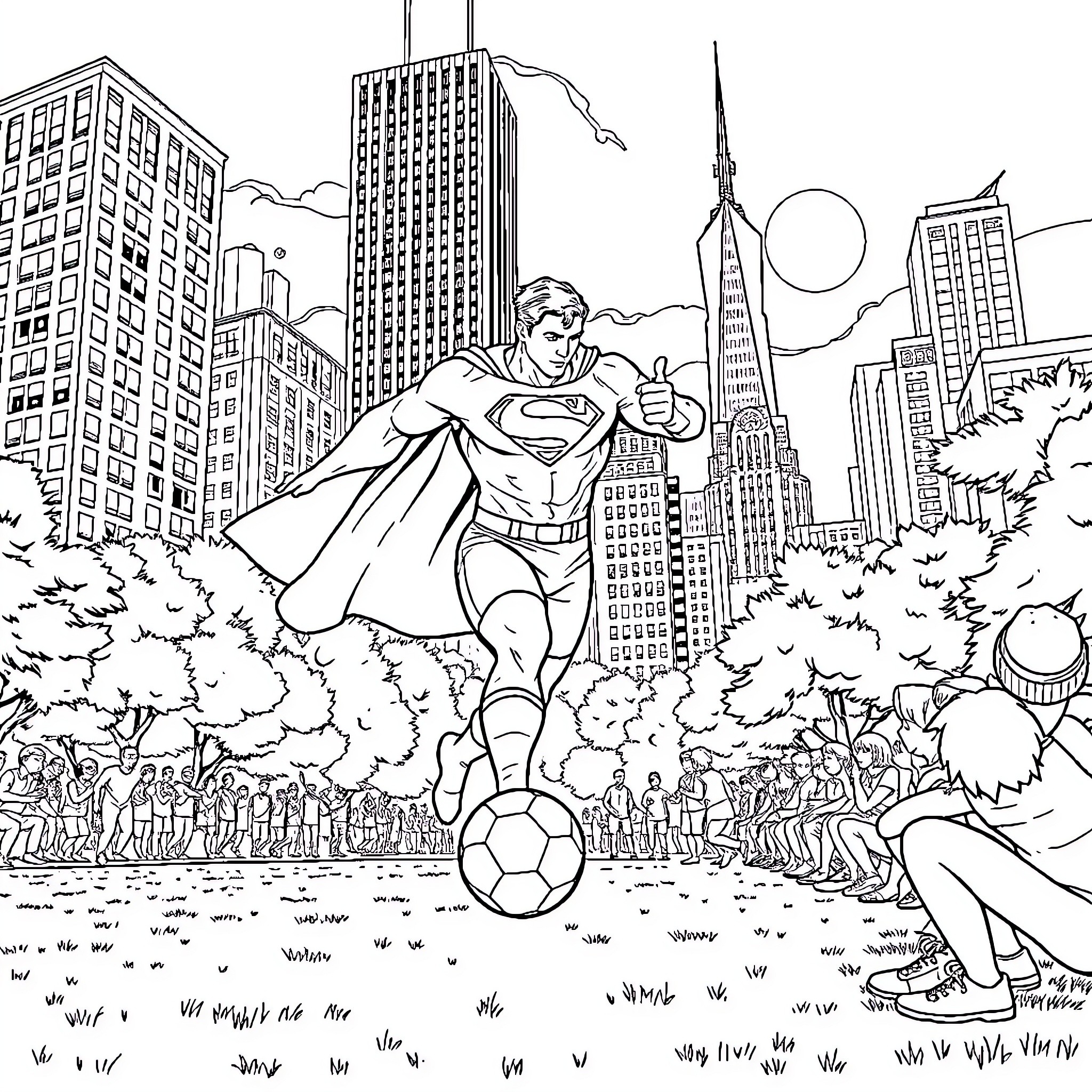 Superman kicking a soccer ball in the city Coloring Page (free black-and-white line drawing printable PDF for all, from beginners to advanced learners, including children, teens, adults, and seniors)