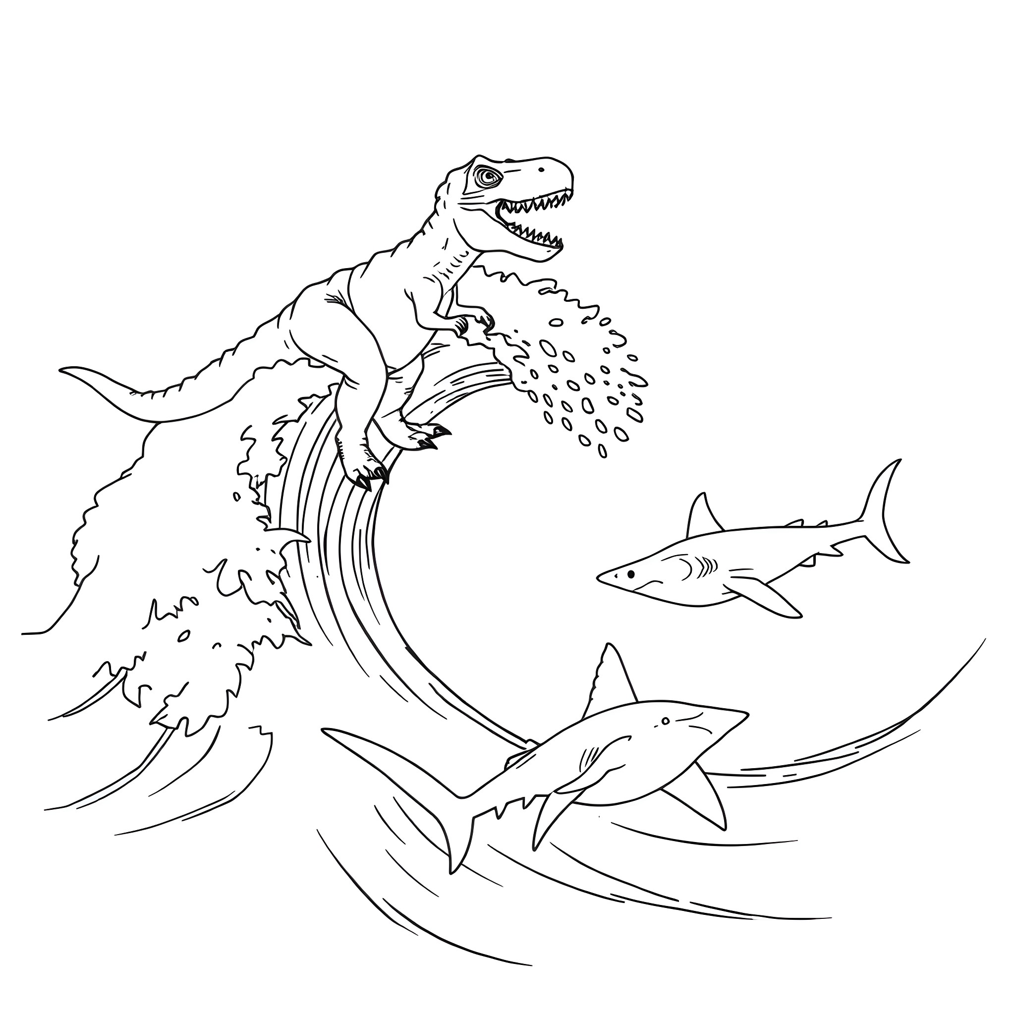 T-Rex chasing sharks in the ocean Coloring Page (free black-and-white line drawing printable PDF for all, from beginners to advanced learners, including children, teens, adults, and seniors)