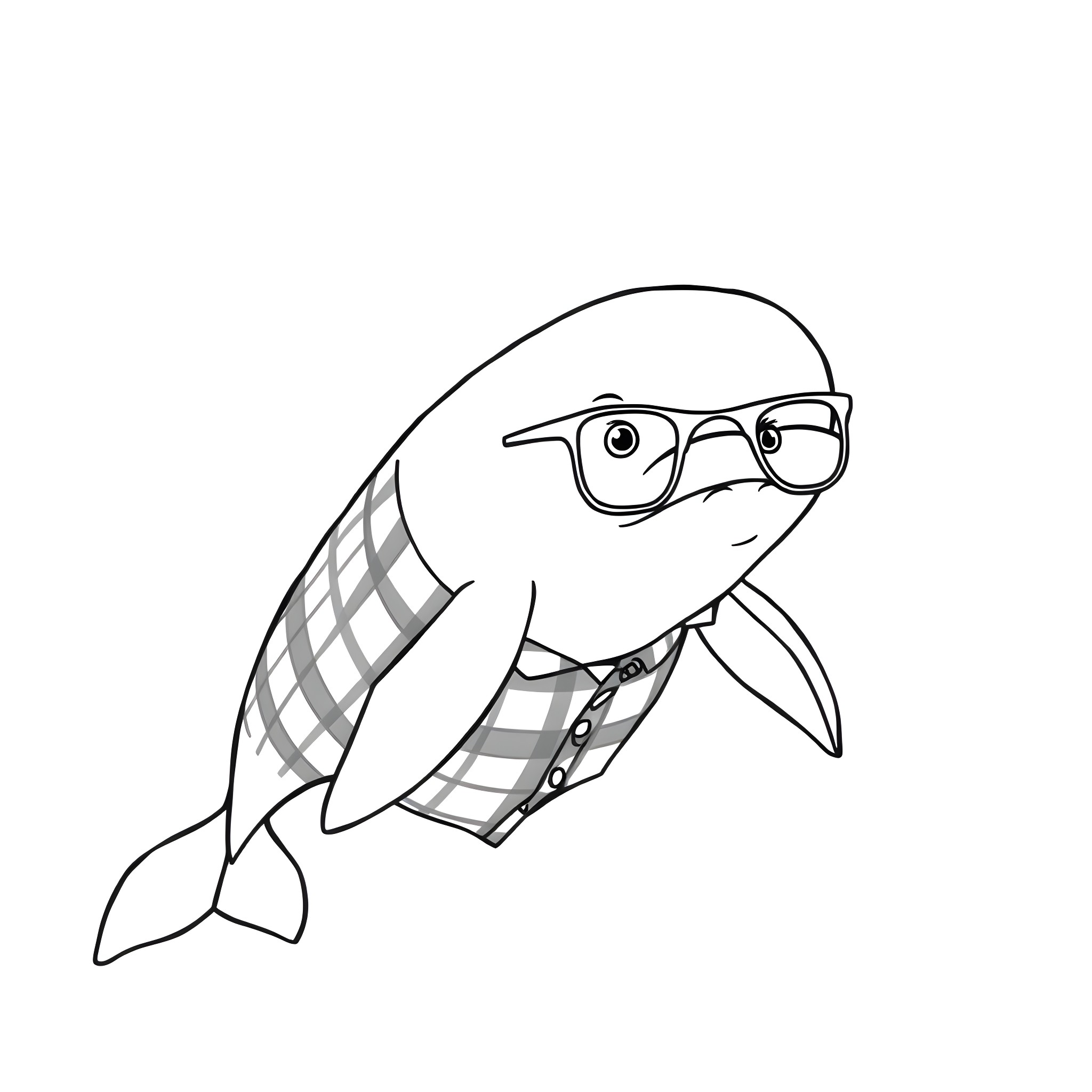 Beluga Whale wearing glasses and bowtie Coloring Page (free black-and-white line drawing printable PDF for all, from beginners to advanced learners, including children, teens, adults, and seniors)