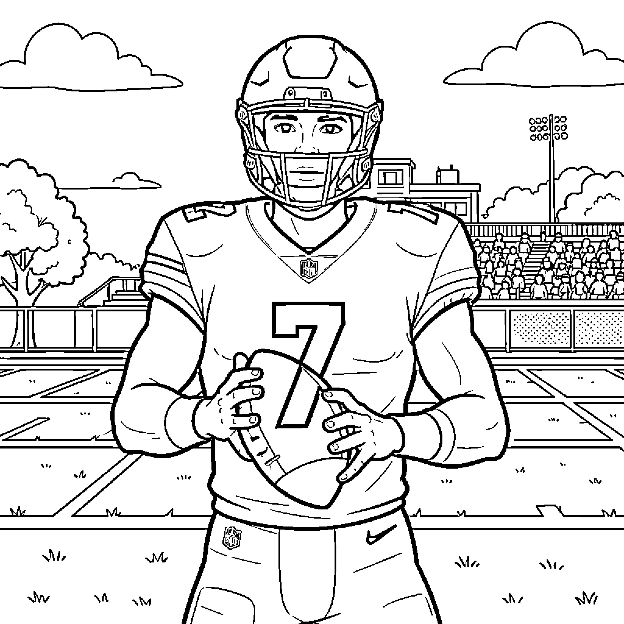 Cj Stroud in football gear on the field Coloring Page (free black-and-white line drawing printable PDF for all, from beginners to advanced learners, including children, teens, adults, and seniors)