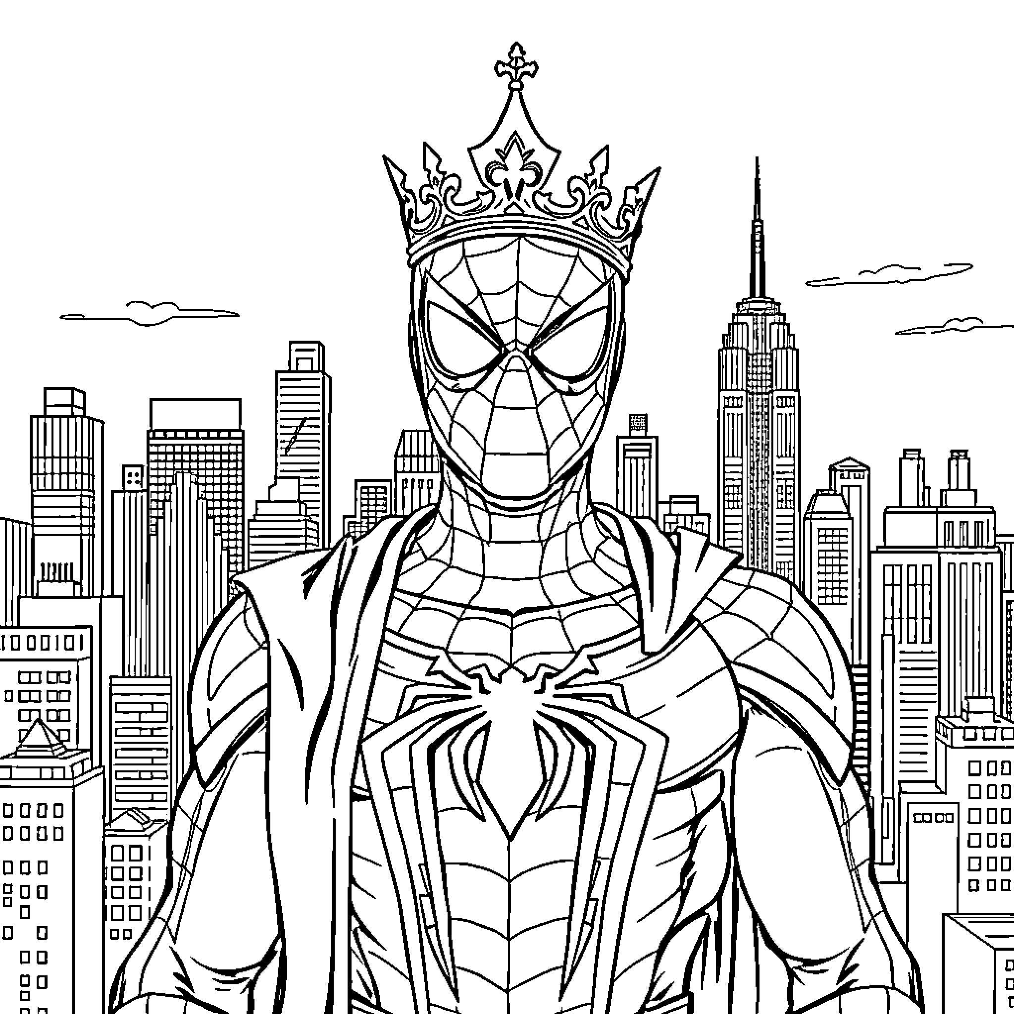 Spiderman stands tall in the city skyline Coloring Page (free black-and-white line drawing printable PDF for all, from beginners to advanced learners, including children, teens, adults, and seniors)