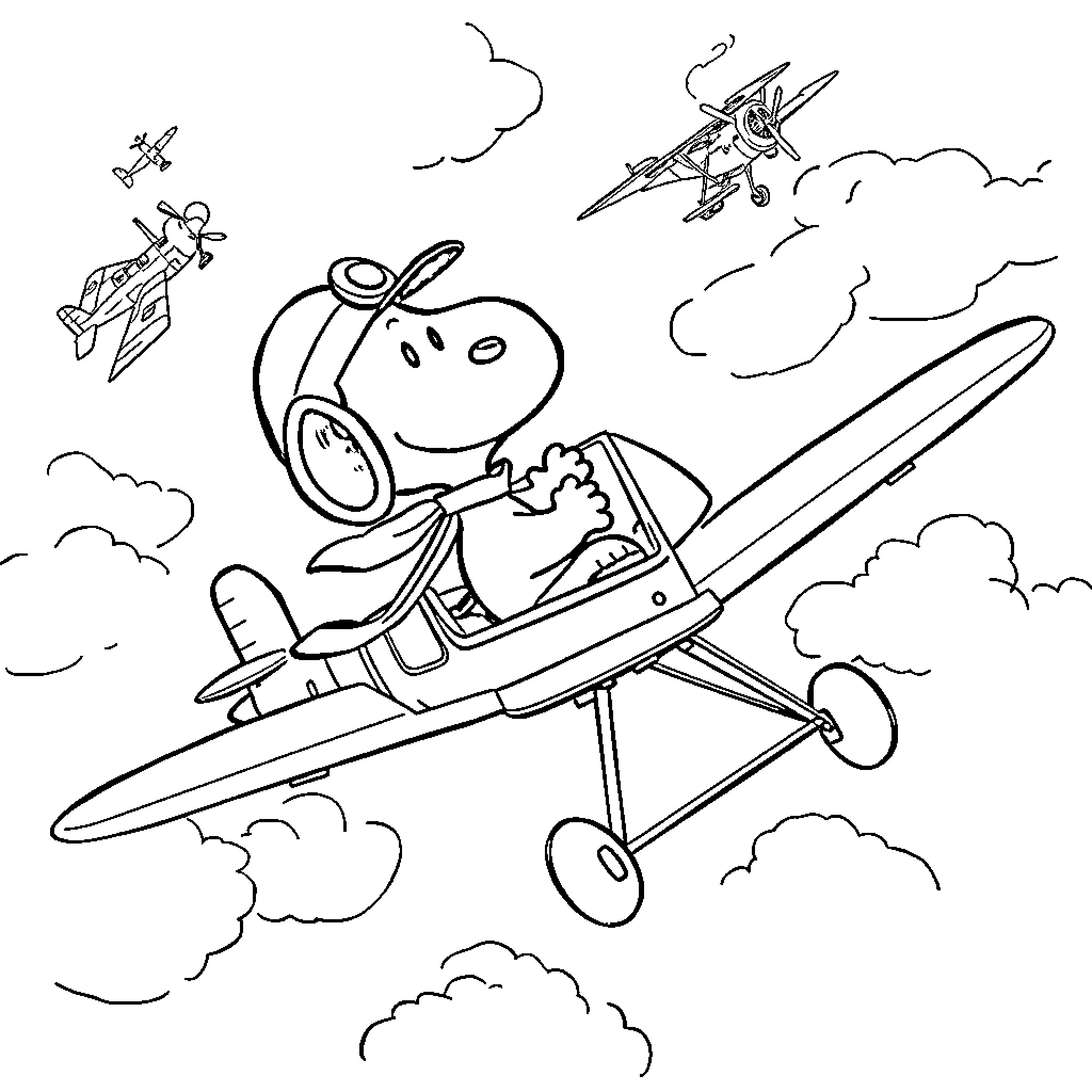 Snoopy piloting a biplane with friends in the sky Coloring Page (free black-and-white line drawing printable PDF for all, from beginners to advanced learners, including children, teens, adults, and seniors)