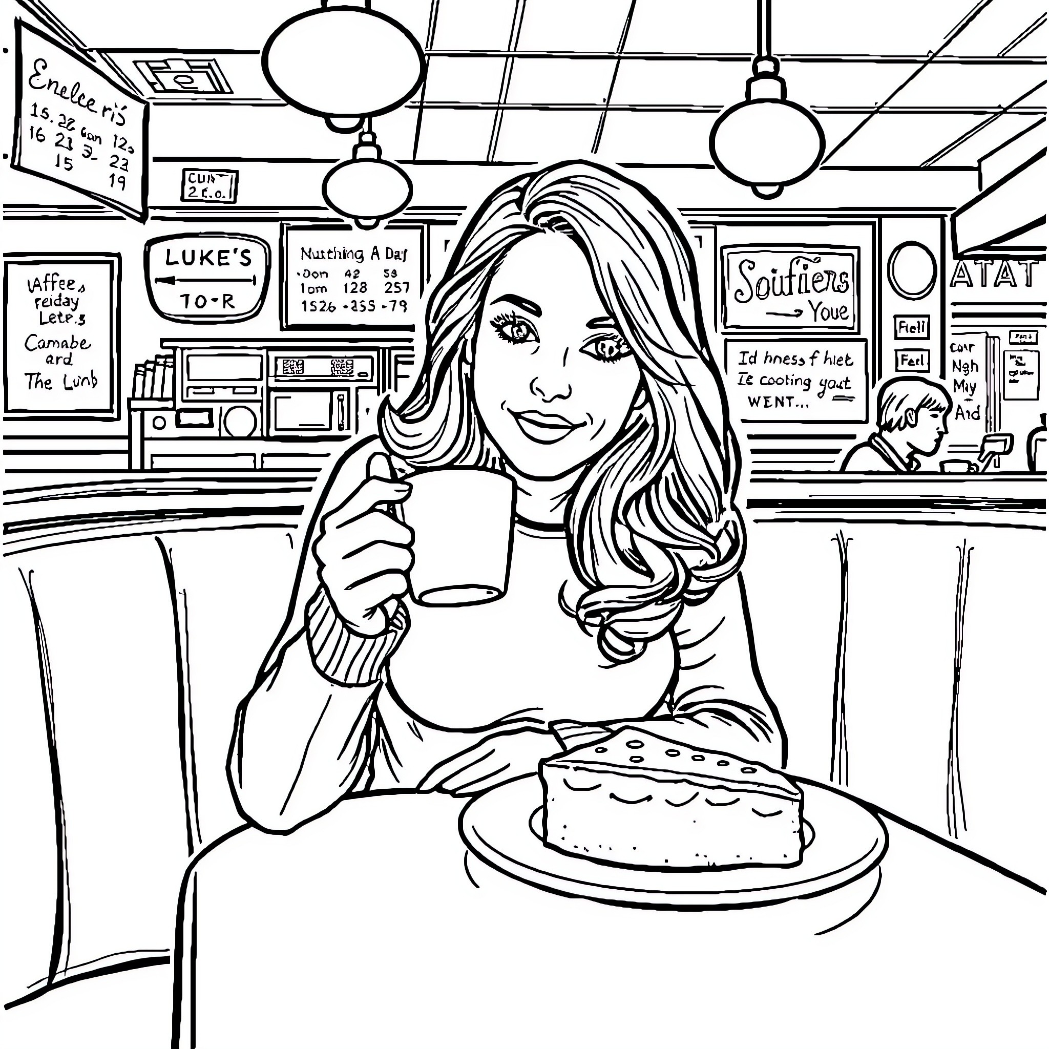 Lorelei Gilmore enjoying coffee and cake in a diner Coloring Page (free black-and-white line drawing printable PDF for all, from beginners to advanced learners, including children, teens, adults, and seniors)