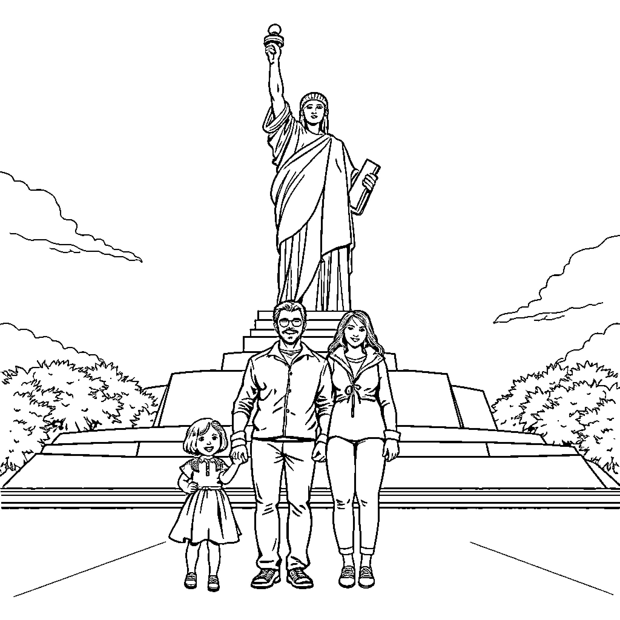 Family visit to the iconic Statue of Liberty Coloring Page (free black-and-white line drawing printable PDF for all, from beginners to advanced learners, including children, teens, adults, and seniors)