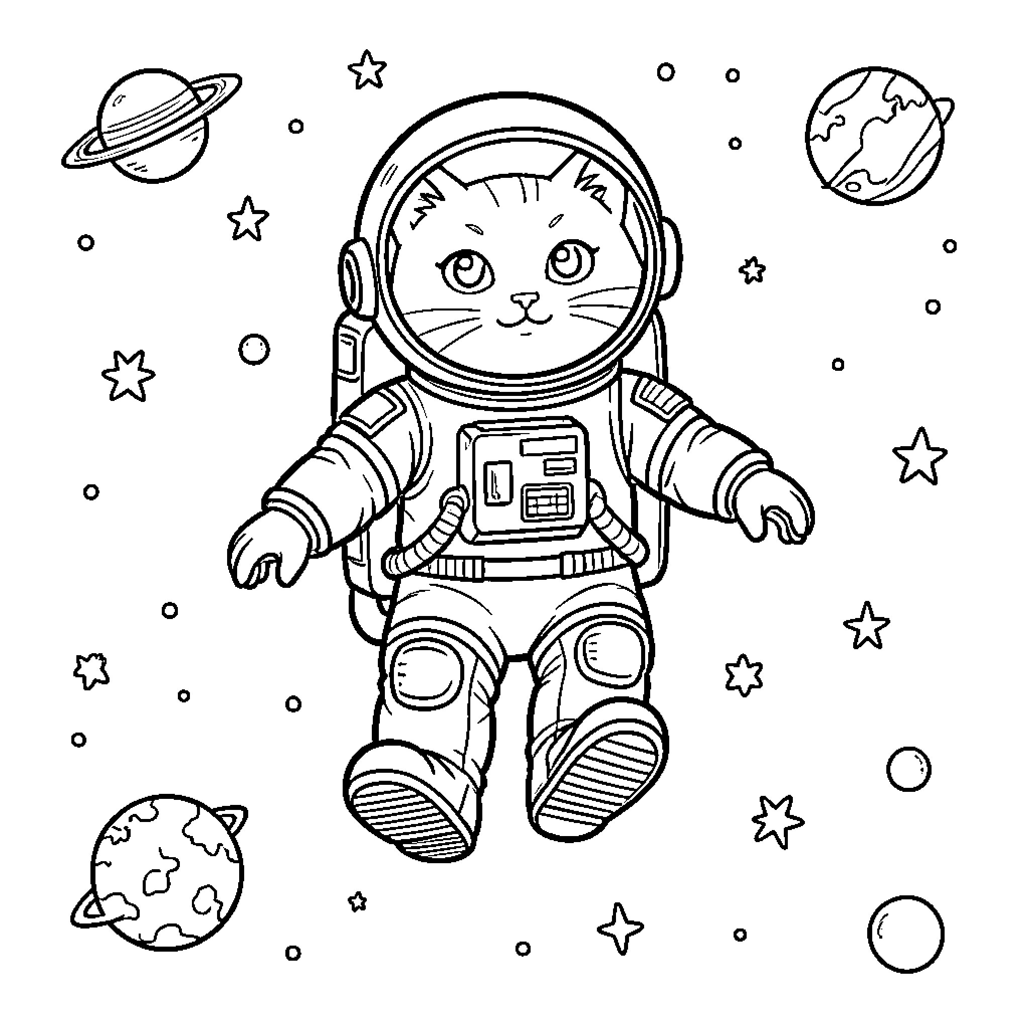 Astronaut Cat exploring the wonders of space Coloring Page (free black-and-white line drawing printable PDF for all, from beginners to advanced learners, including children, teens, adults, and seniors)