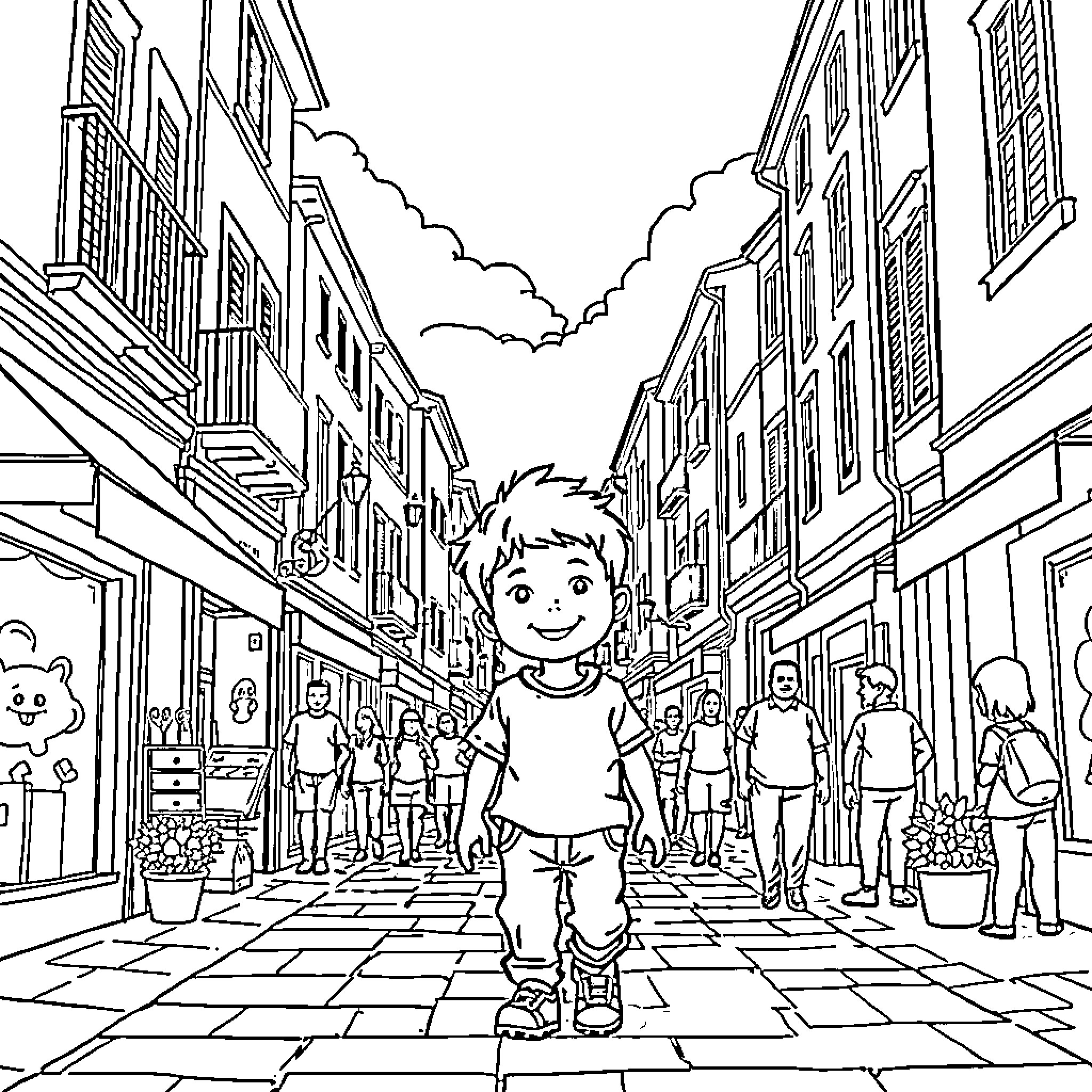 Boy exploring lively city street Coloring Page (free black-and-white line drawing printable PDF for all, from beginners to advanced learners, including children, teens, adults, and seniors)