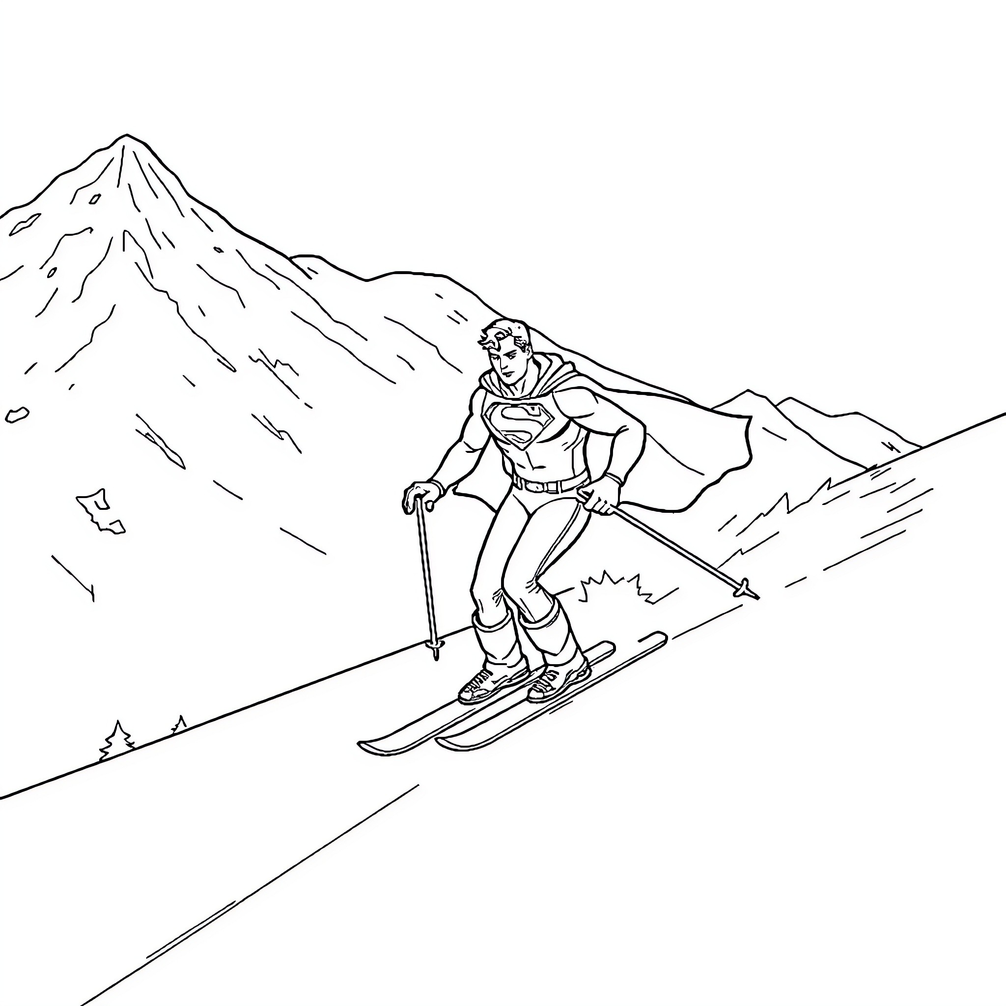 Superman skiing down a snowy mountain Coloring Page (free black-and-white line drawing printable PDF for all, from beginners to advanced learners, including children, teens, adults, and seniors)