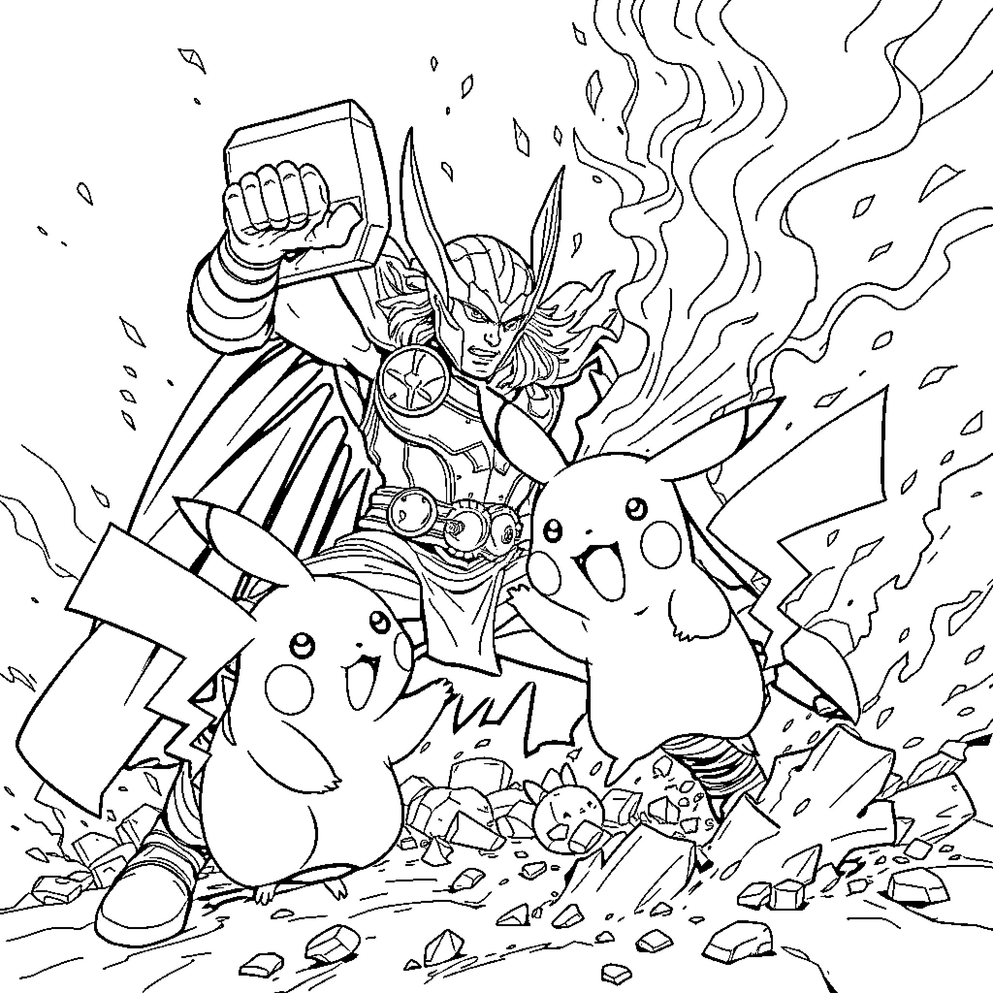 Thor's Mighty Clash with Pikachu in an Epic Showdown Coloring Page (free black-and-white line drawing printable PDF for all, from beginners to advanced learners, including children, teens, adults, and seniors)