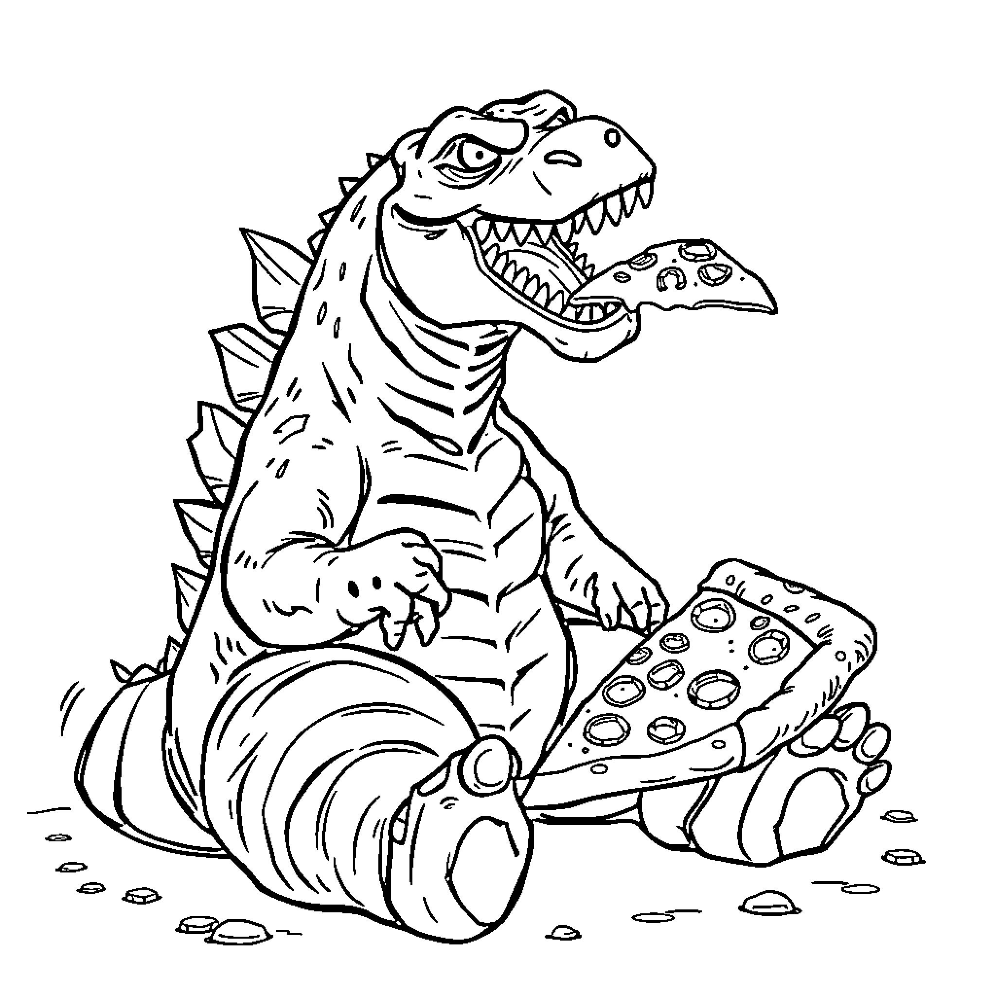 Godzilla Stomping and Devouring Prey Coloring Page (free black-and-white line drawing printable PDF for all, from beginners to advanced learners, including children, teens, adults, and seniors)
