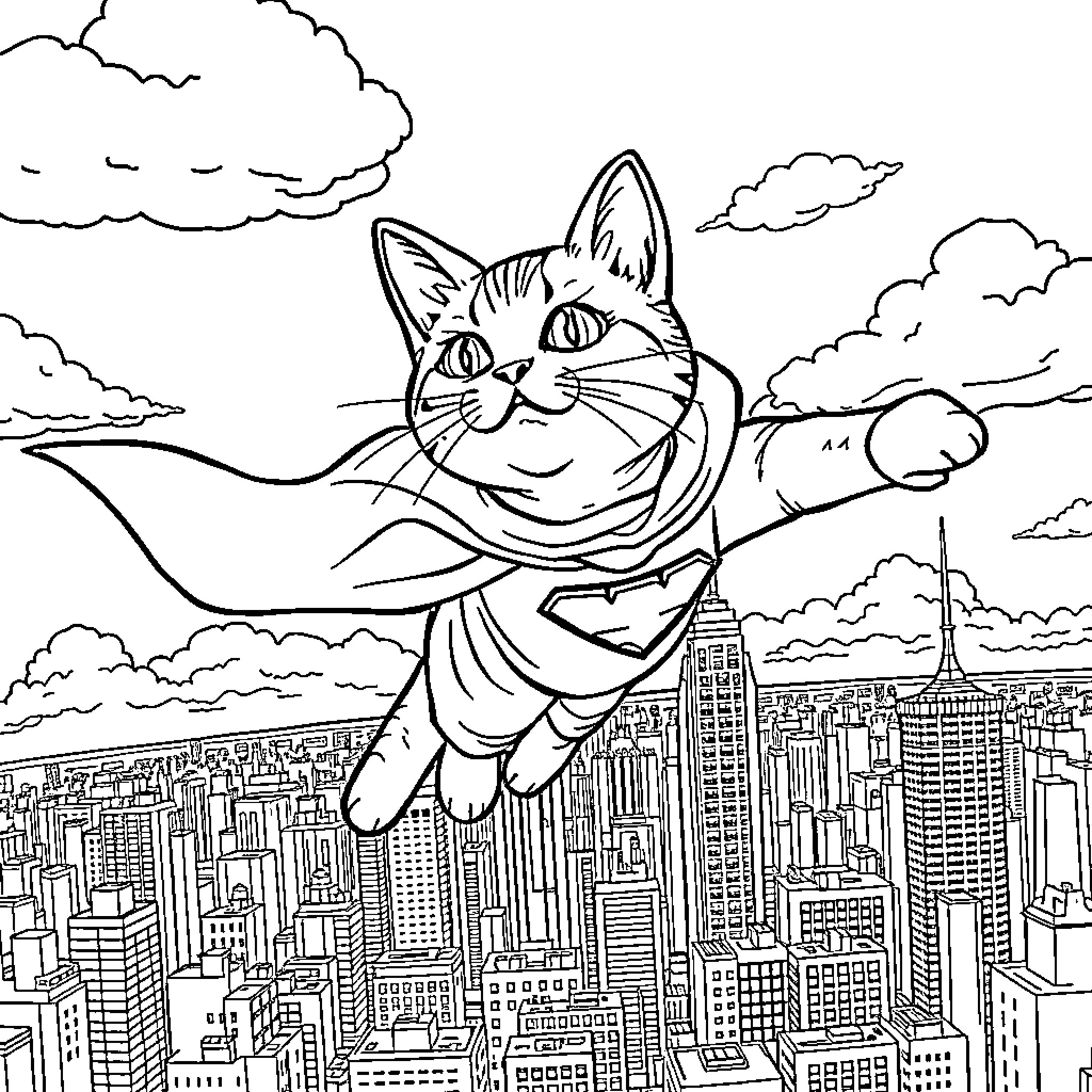 Cat superhero soaring over the city Coloring Page (free black-and-white line drawing printable PDF for all, from beginners to advanced learners, including children, teens, adults, and seniors)