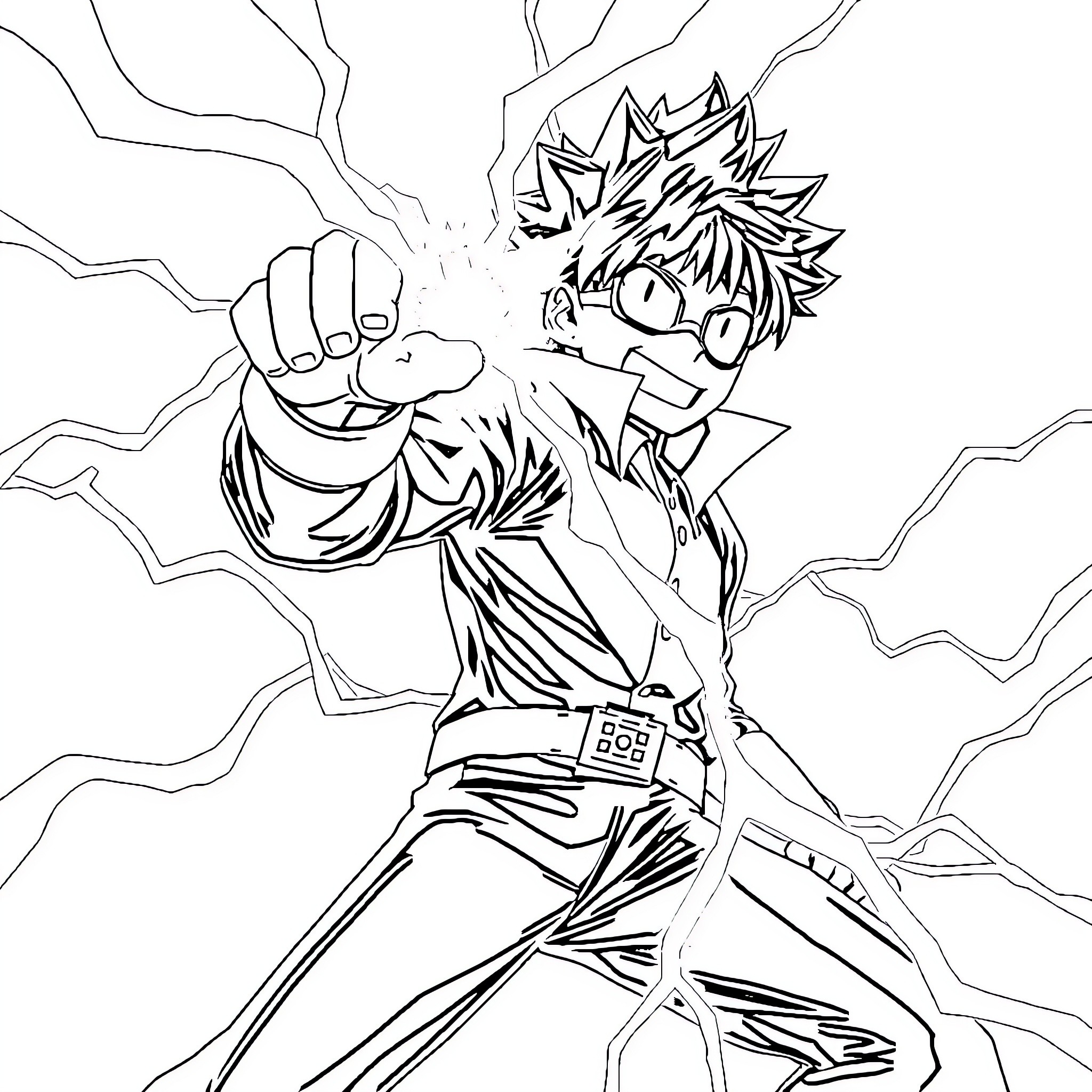 Electricity Surges Through Anime Hero's Fist Coloring Page (free black-and-white line drawing printable PDF for all, from beginners to advanced learners, including children, teens, adults, and seniors)