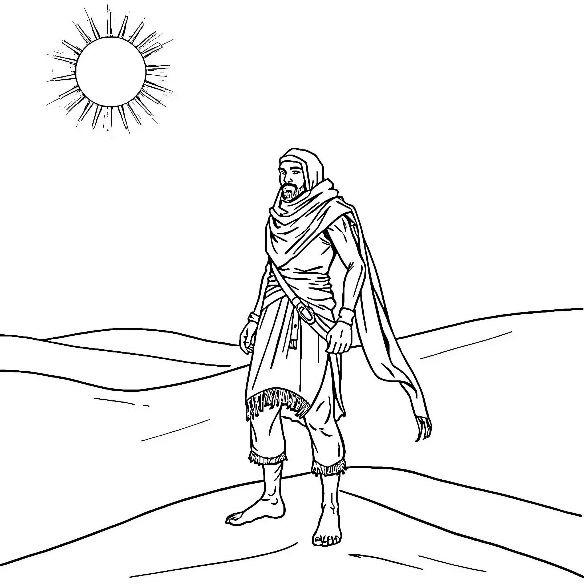 Tuareg Warrior Standing in Desert Landscape Coloring Page (free black-and-white line drawing printable PDF for all, from beginners to advanced learners, including children, teens, adults, and seniors)