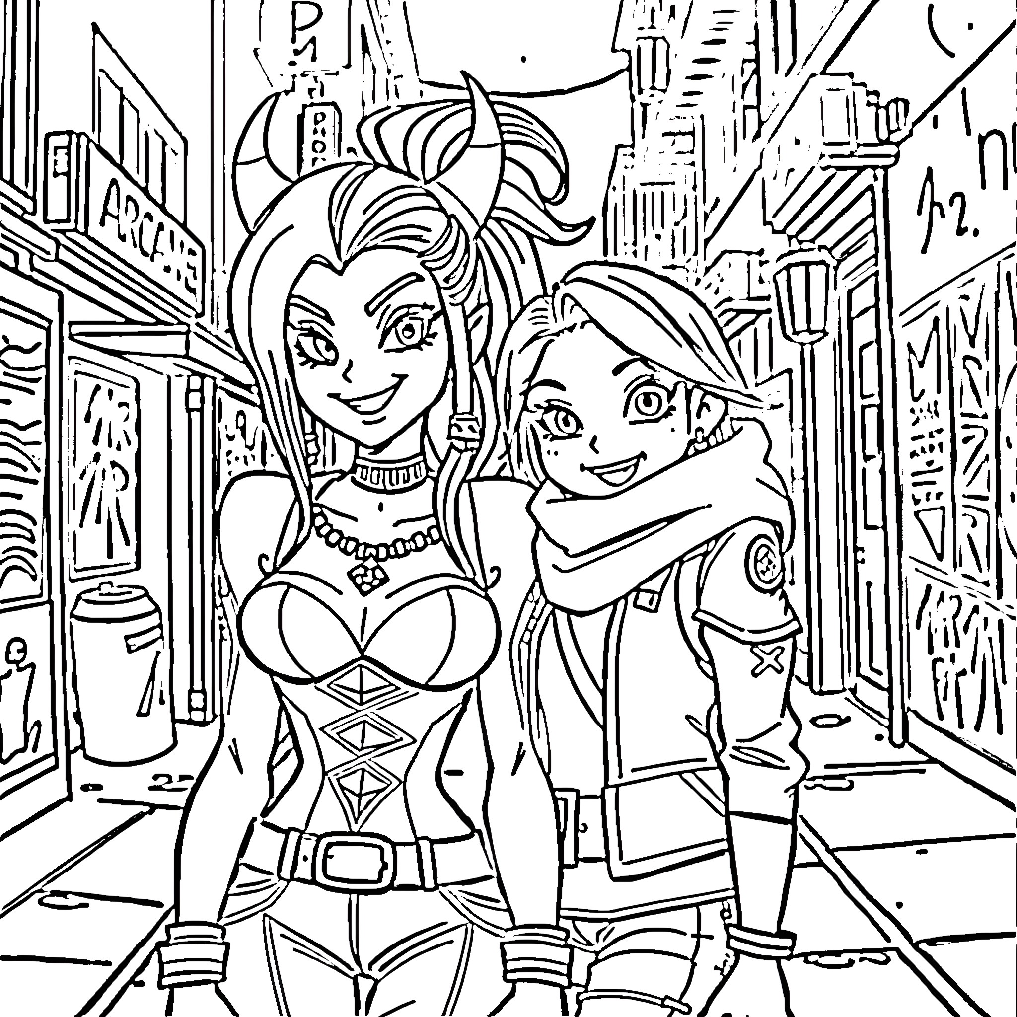 Jinx and Friend Explore the City Coloring Page (free black-and-white line drawing printable PDF for all, from beginners to advanced learners, including children, teens, adults, and seniors)