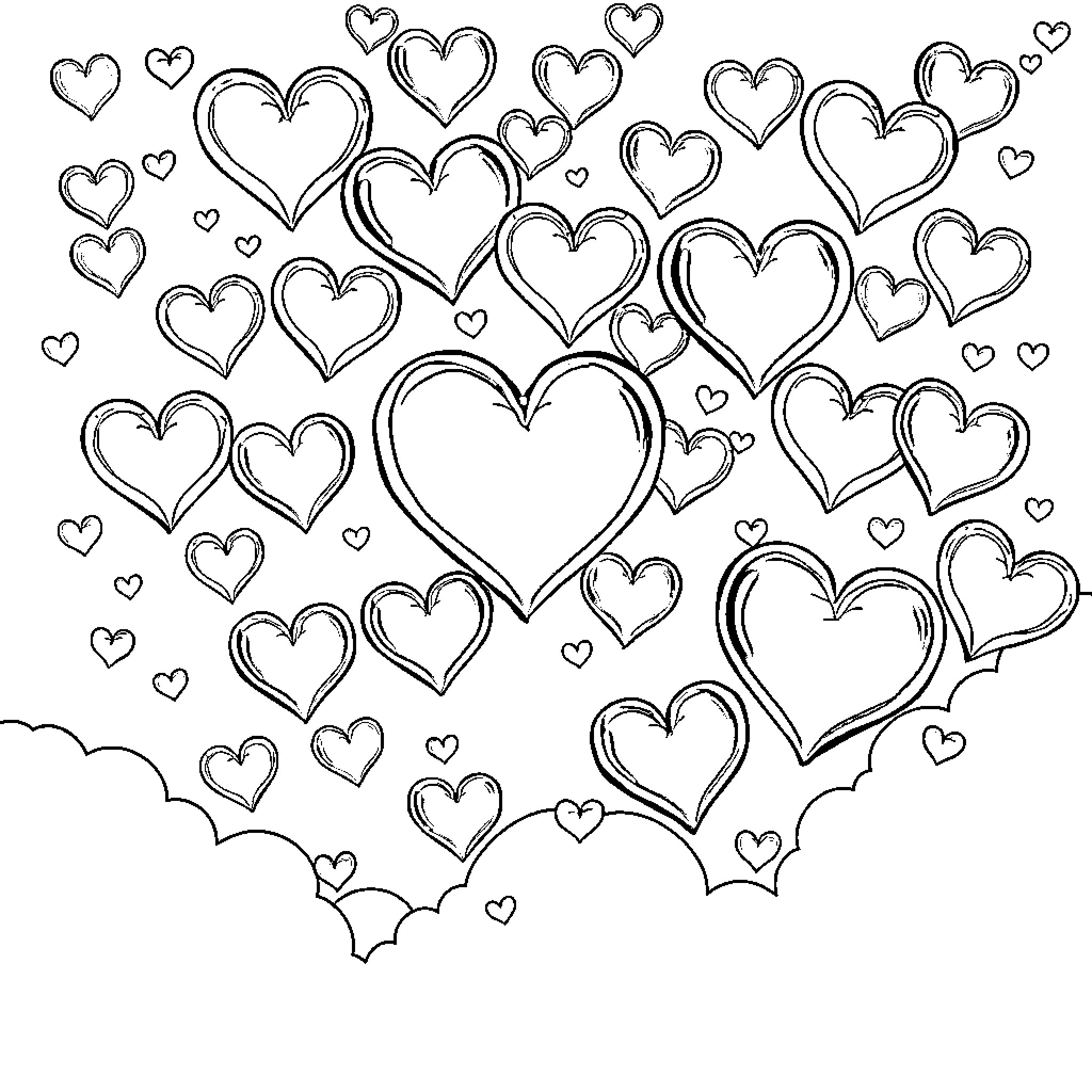 Heart-shaped Sketches and Doodles Coloring Page (free black-and-white line drawing printable PDF for all, from beginners to advanced learners, including children, teens, adults, and seniors)