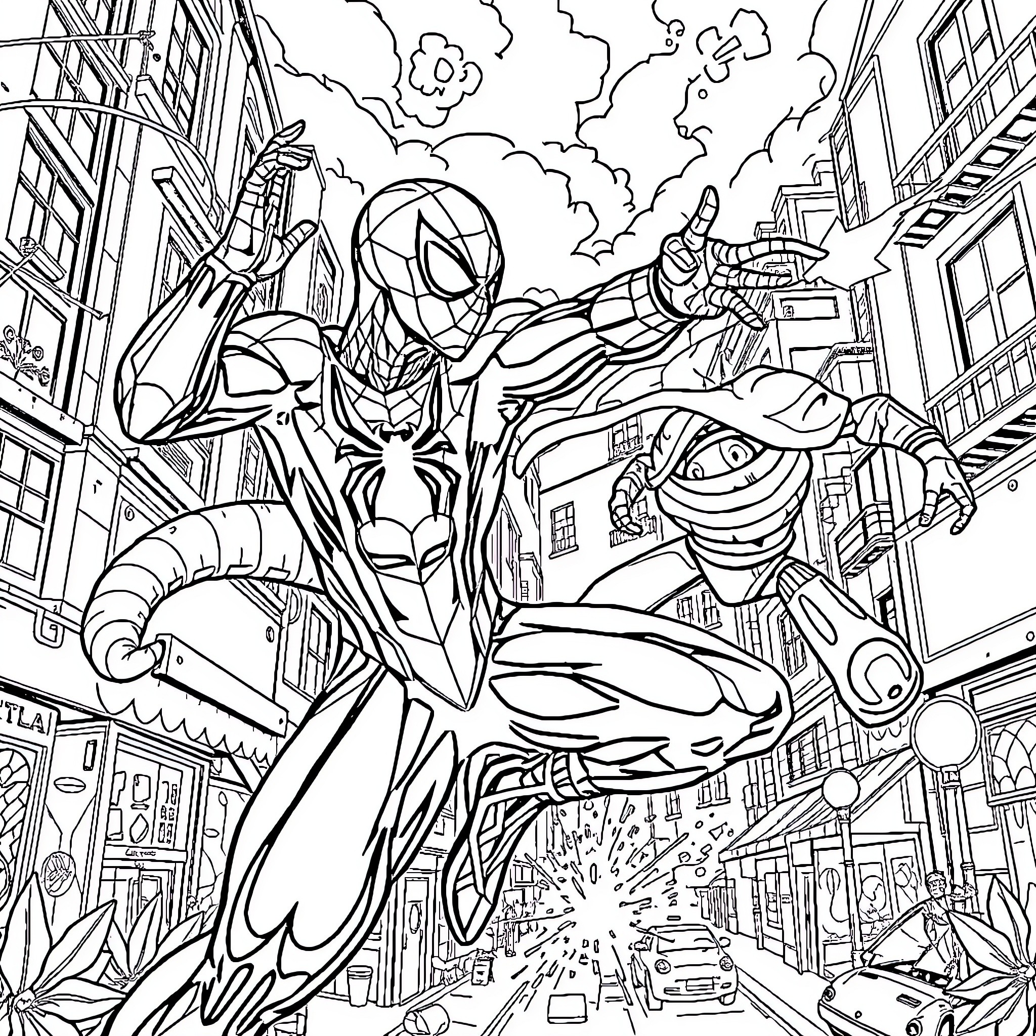 Iron Spider Man battles villains in the city Coloring Page (free black-and-white line drawing printable PDF for all, from beginners to advanced learners, including children, teens, adults, and seniors)