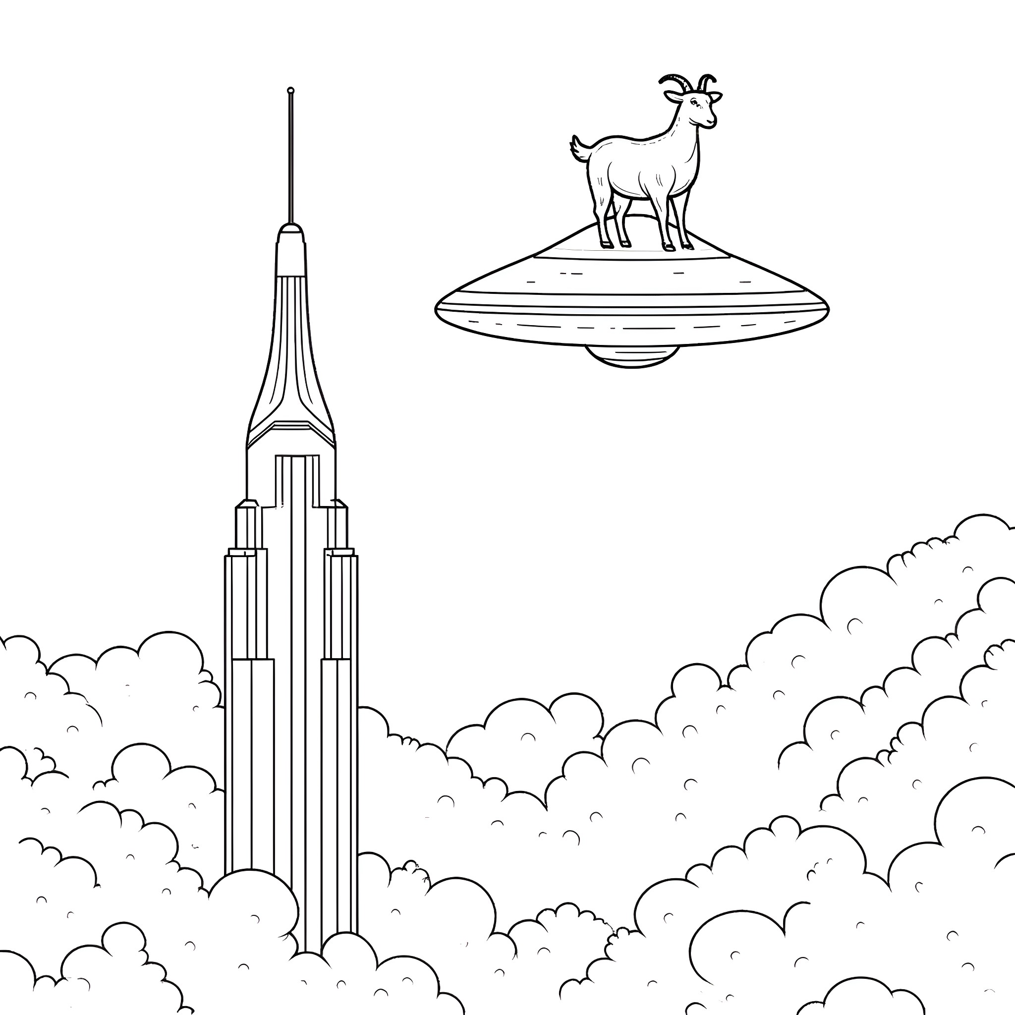 UFO encounters a goat on a skyscraper in the clouds Coloring Page (free black-and-white line drawing printable PDF for all, from beginners to advanced learners, including children, teens, adults, and seniors)