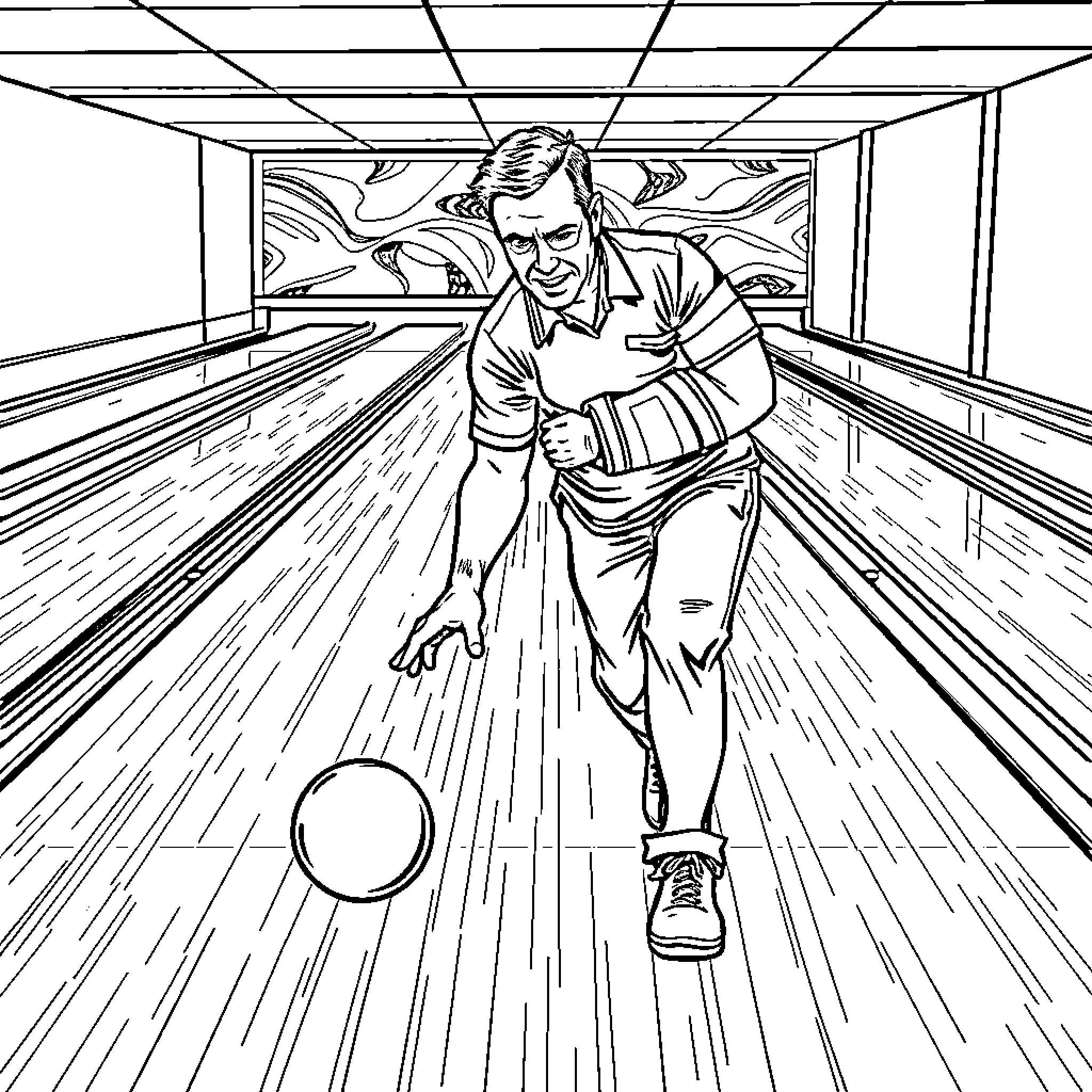 Bowling player concentrating during a game Coloring Page (free black-and-white line drawing printable PDF for all, from beginners to advanced learners, including children, teens, adults, and seniors)