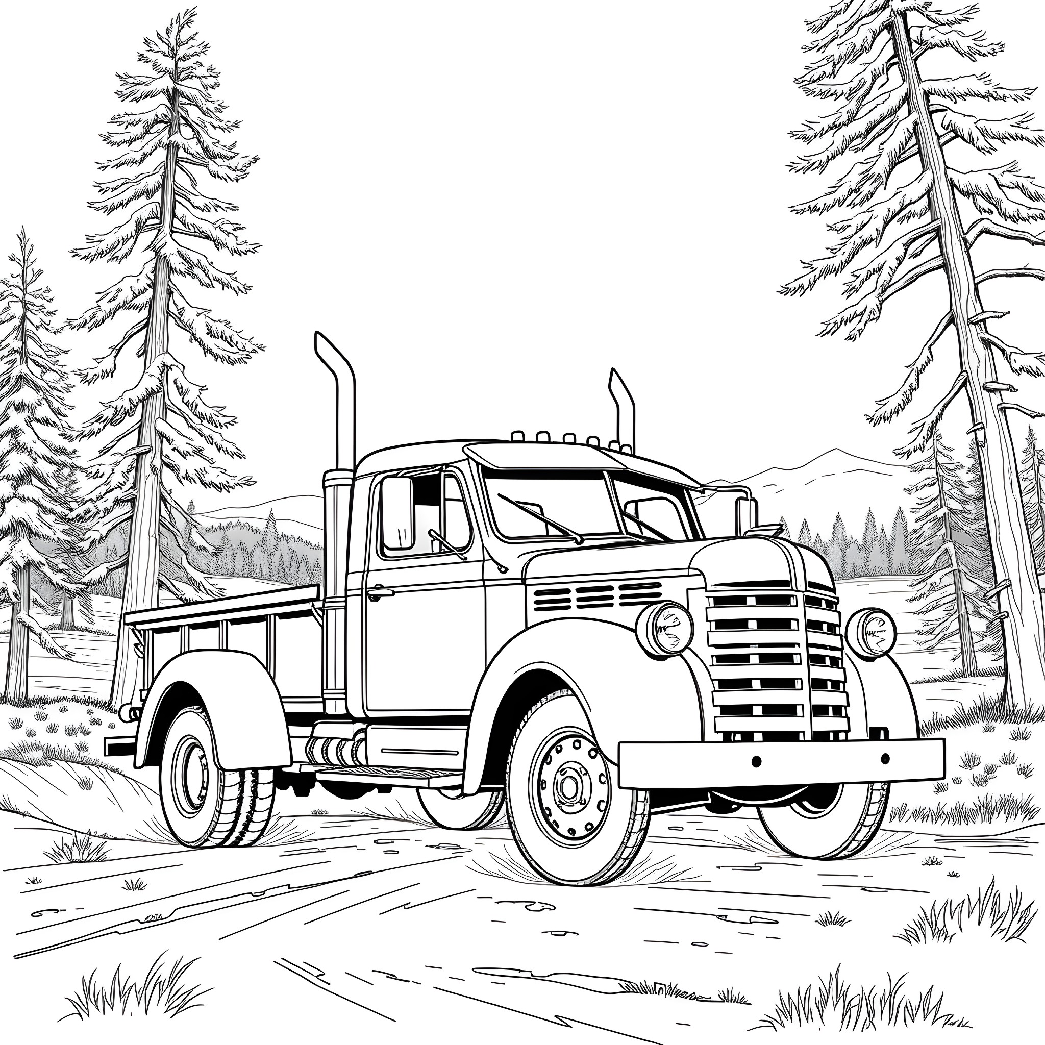 Truck transporting logs through the forest Coloring Page (free black-and-white line drawing printable PDF for all, from beginners to advanced learners, including children, teens, adults, and seniors)