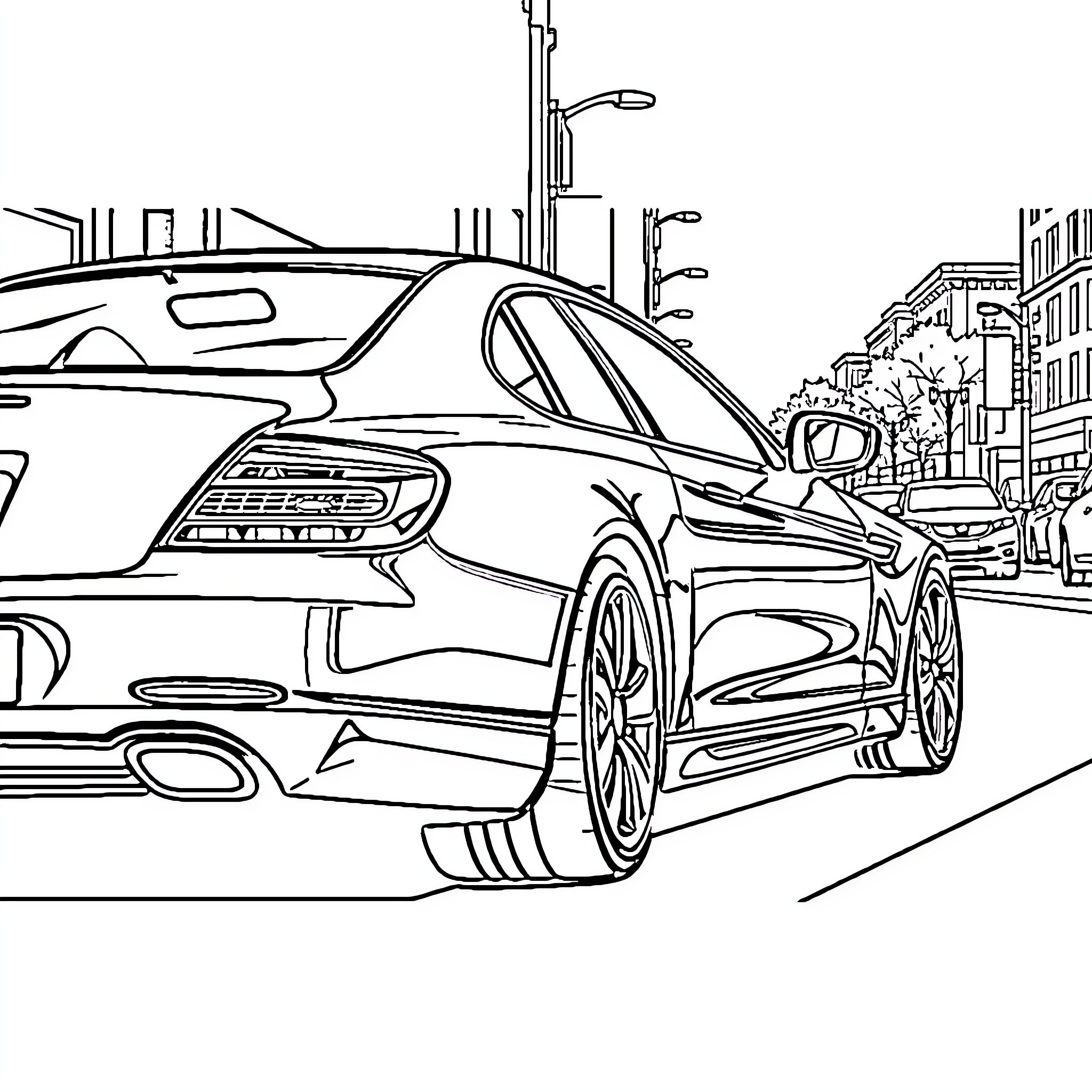 Car on city street with urban buildings Coloring Page (free black-and-white line drawing printable PDF for all, from beginners to advanced learners, including children, teens, adults, and seniors)