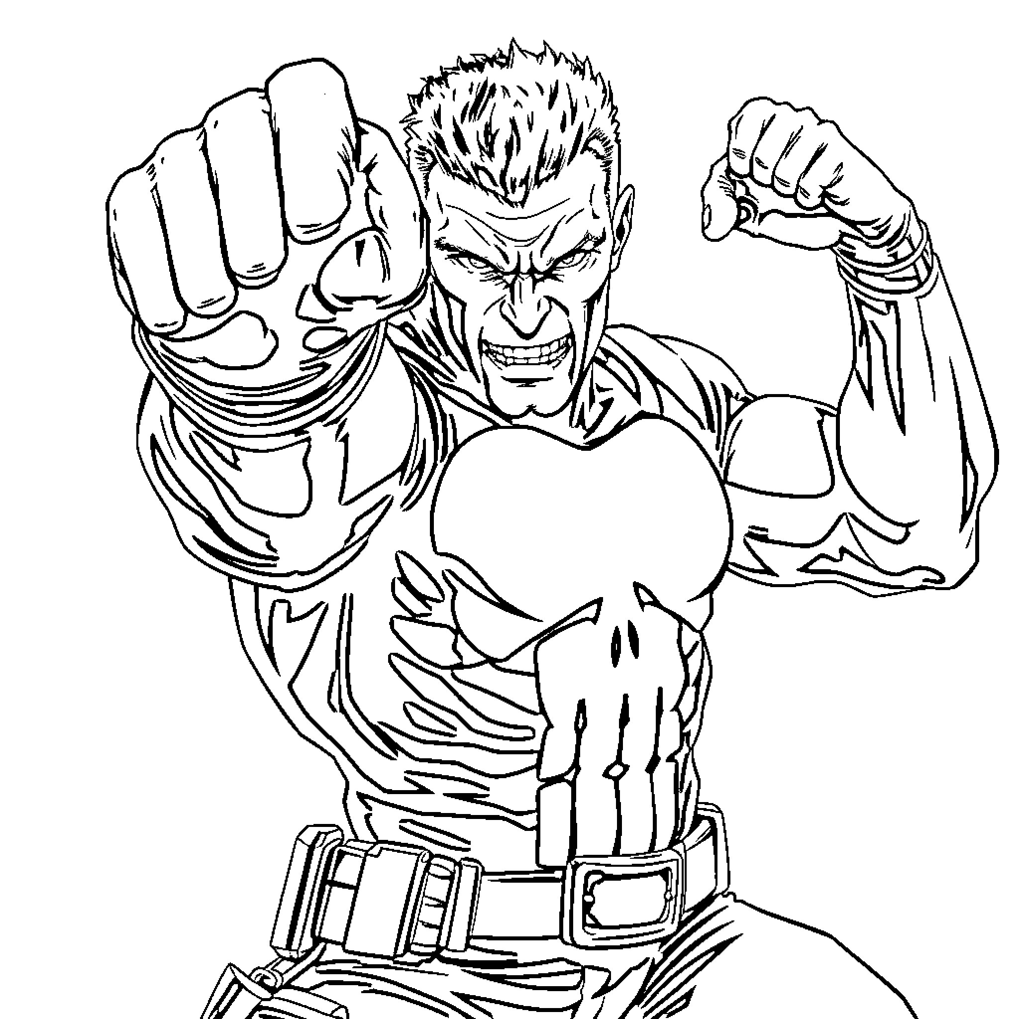 Punisher hero with fierce expression and muscular pose Coloring Page (free black-and-white line drawing printable PDF for all, from beginners to advanced learners, including children, teens, adults, and seniors)