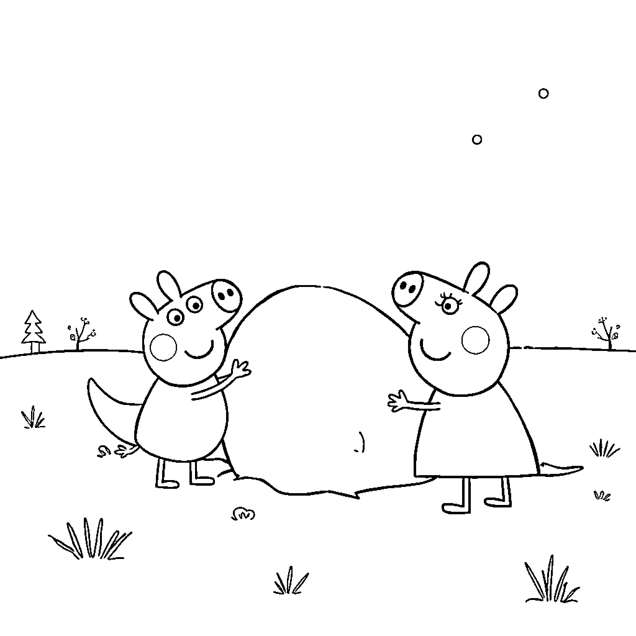 Peppa Pig and George playing in the outdoor scenery Coloring Page (free black-and-white line drawing printable PDF for all, from beginners to advanced learners, including children, teens, adults, and seniors)