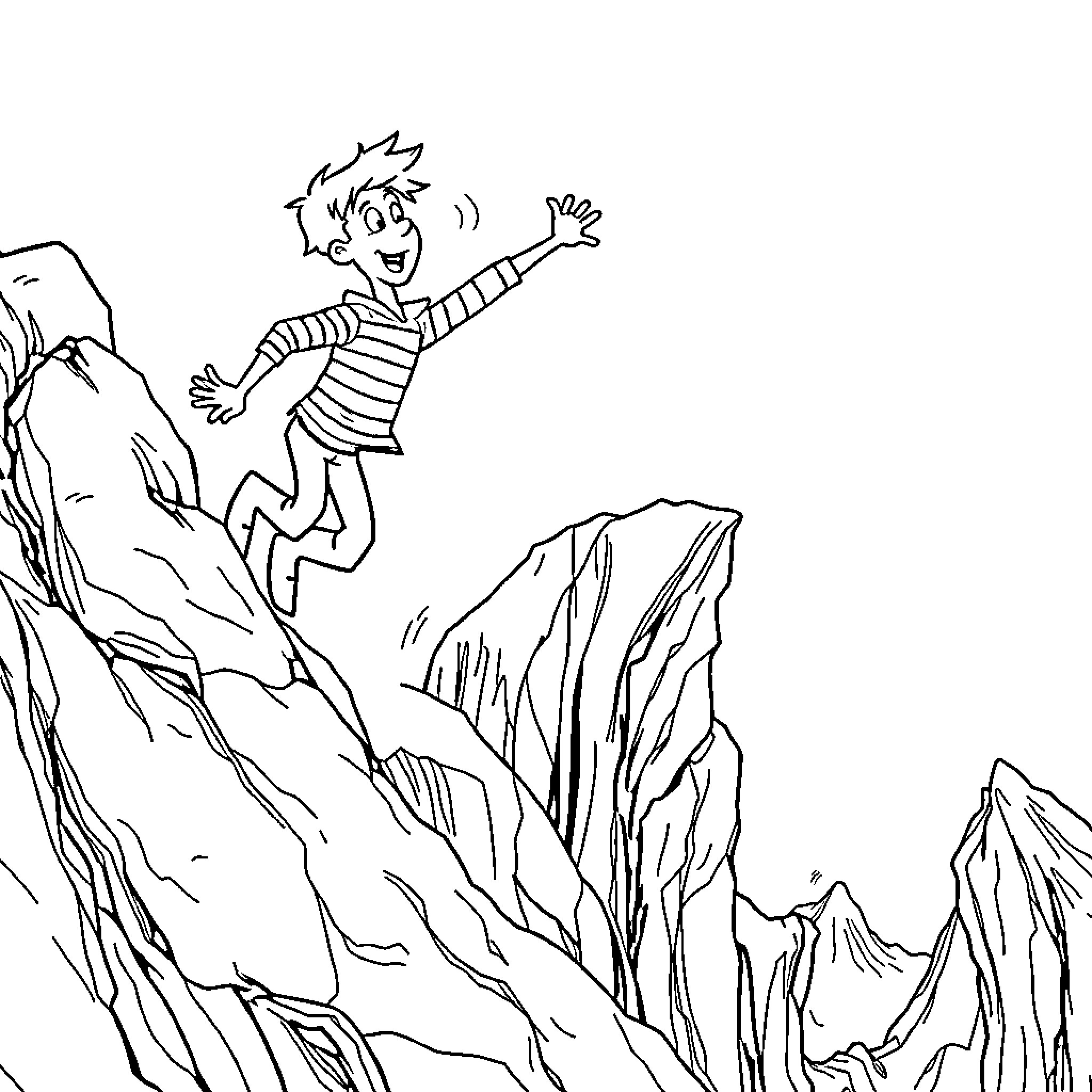 Waldo Climbing Up the Rocky Mountains Coloring Page (free black-and-white line drawing printable PDF for all, from beginners to advanced learners, including children, teens, adults, and seniors)
