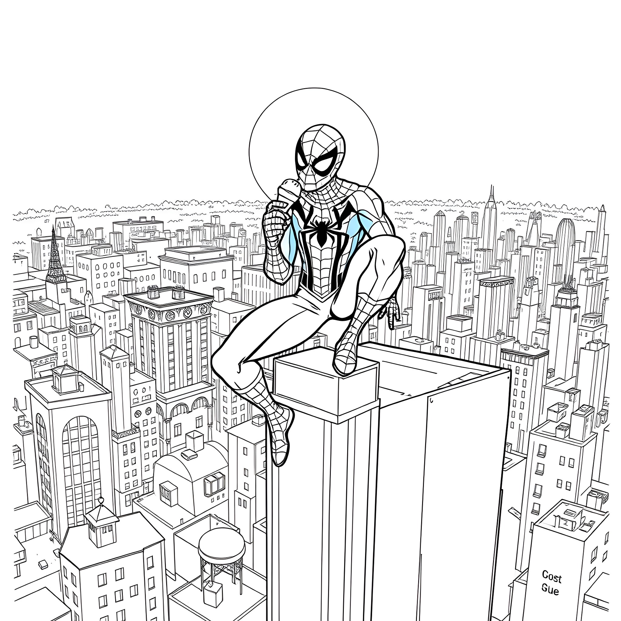 Spiderman overlooking the city skyline Coloring Page (free black-and-white line drawing printable PDF for all, from beginners to advanced learners, including children, teens, adults, and seniors)