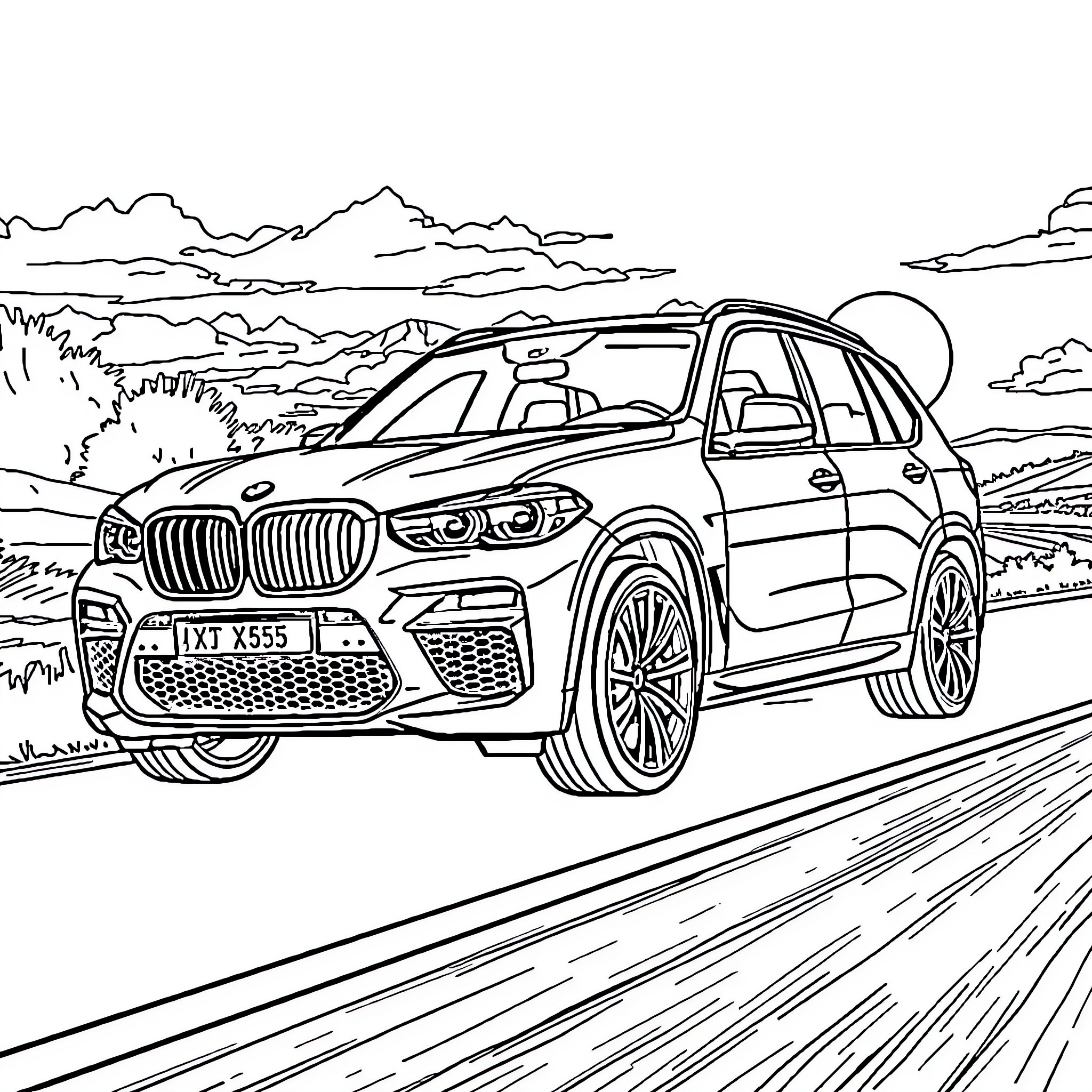 BMW SUV speeding through scenic mountain landscape Coloring Page (free black-and-white line drawing printable PDF for all, from beginners to advanced learners, including children, teens, adults, and seniors)