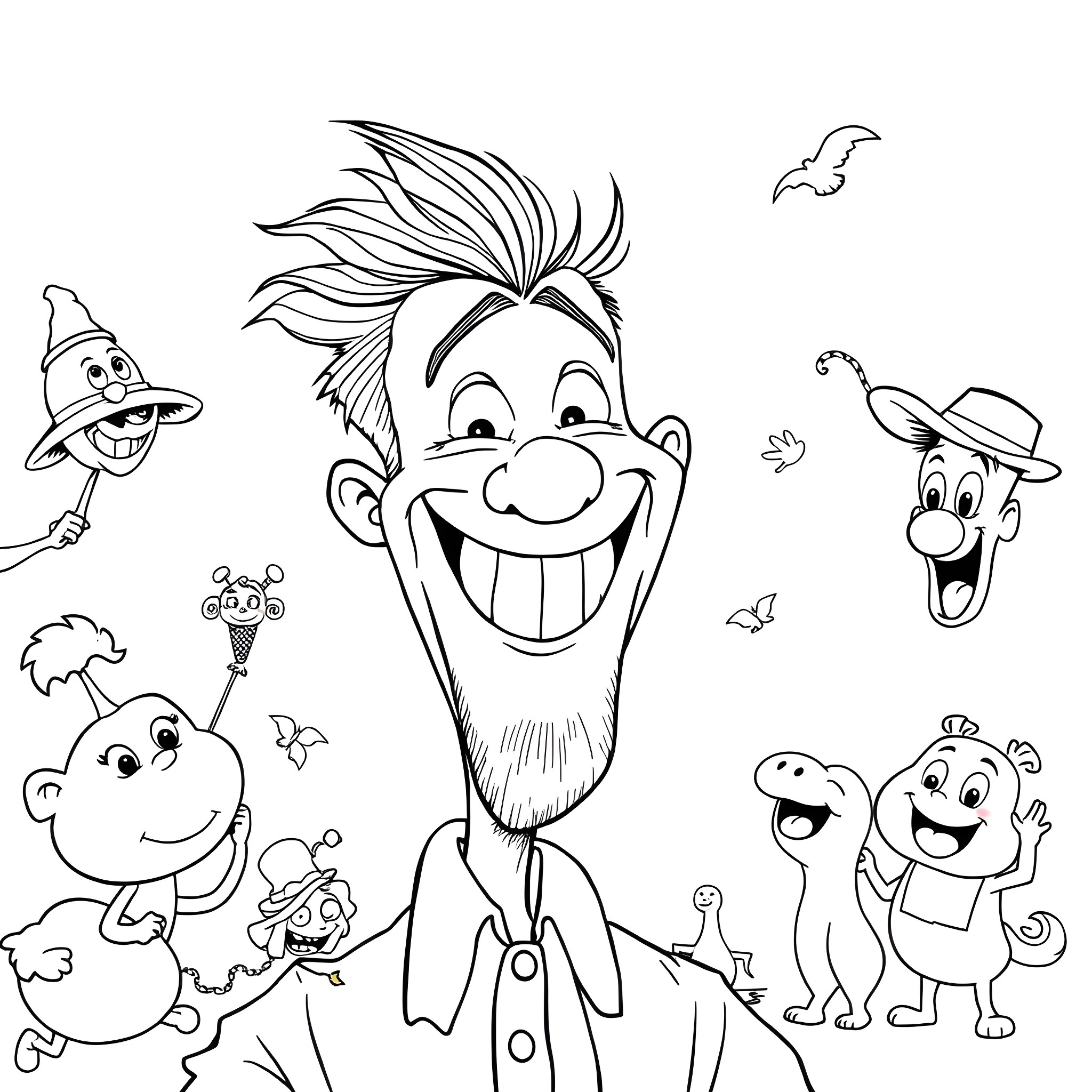 Man surrounded by joyful cartoon characters Coloring Page (free black-and-white line drawing printable PDF for all, from beginners to advanced learners, including children, teens, adults, and seniors)