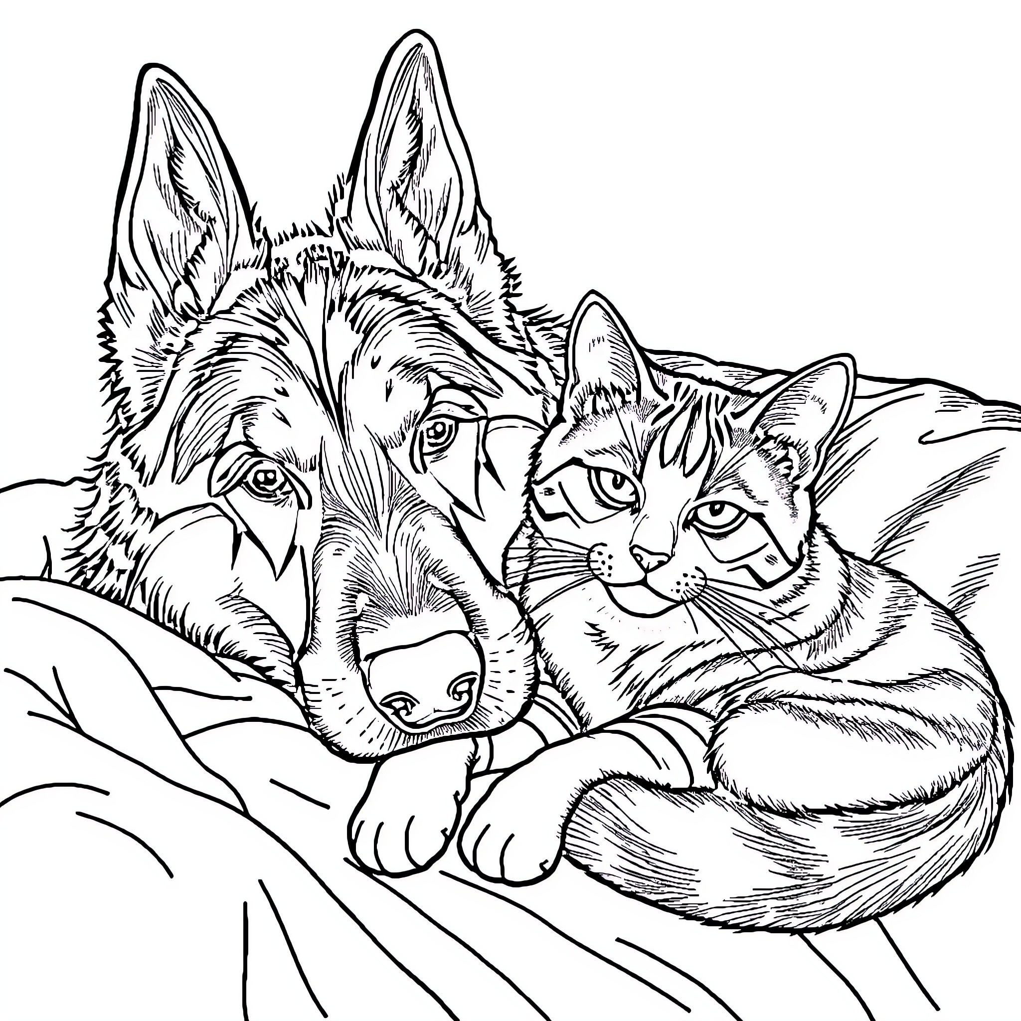 Dog and Cat Lounging Together Peacefully Coloring Page (free black-and-white line drawing printable PDF for all, from beginners to advanced learners, including children, teens, adults, and seniors)