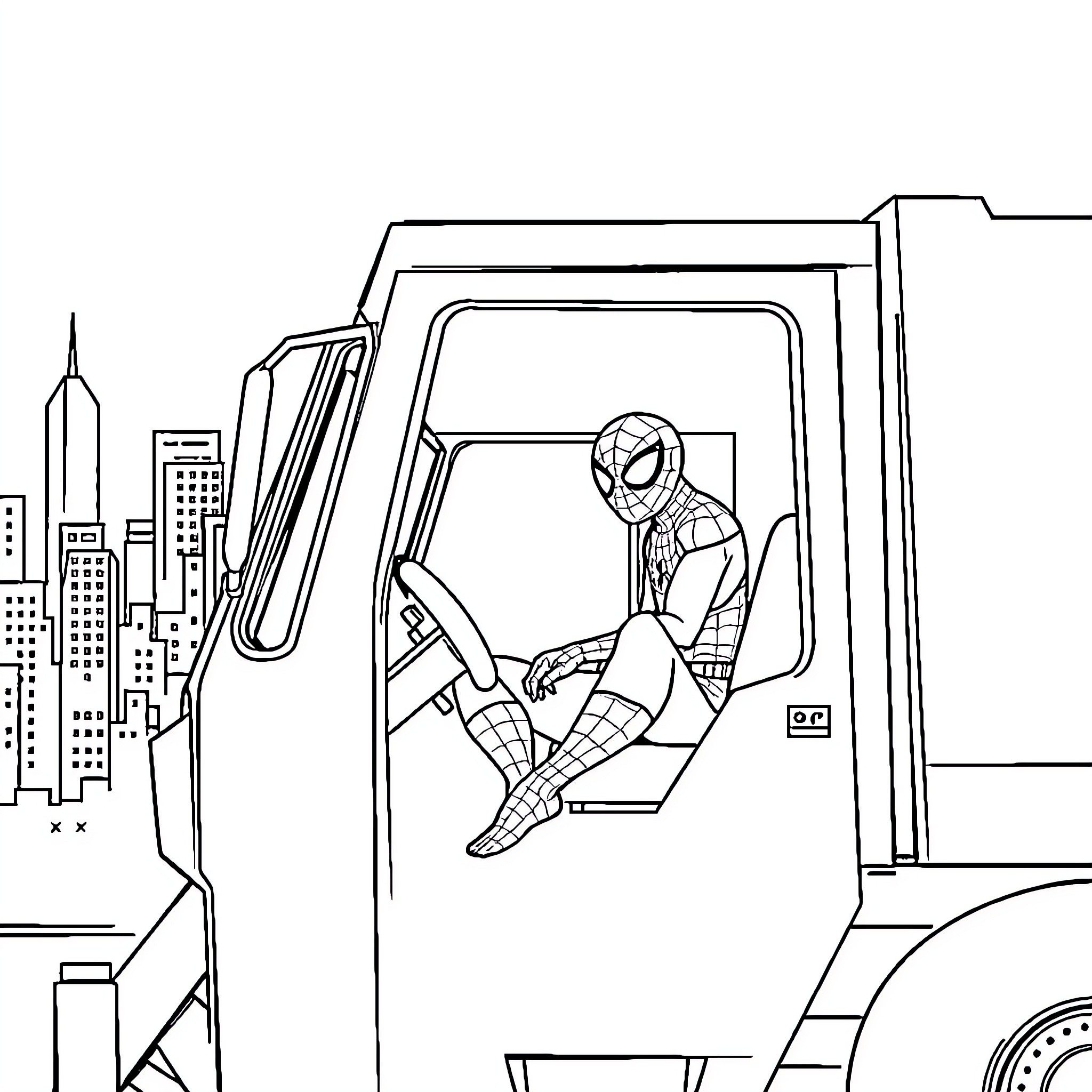 Spider-Man swinging through the city in his iconic suit Coloring Page (free black-and-white line drawing printable PDF for all, from beginners to advanced learners, including children, teens, adults, and seniors)