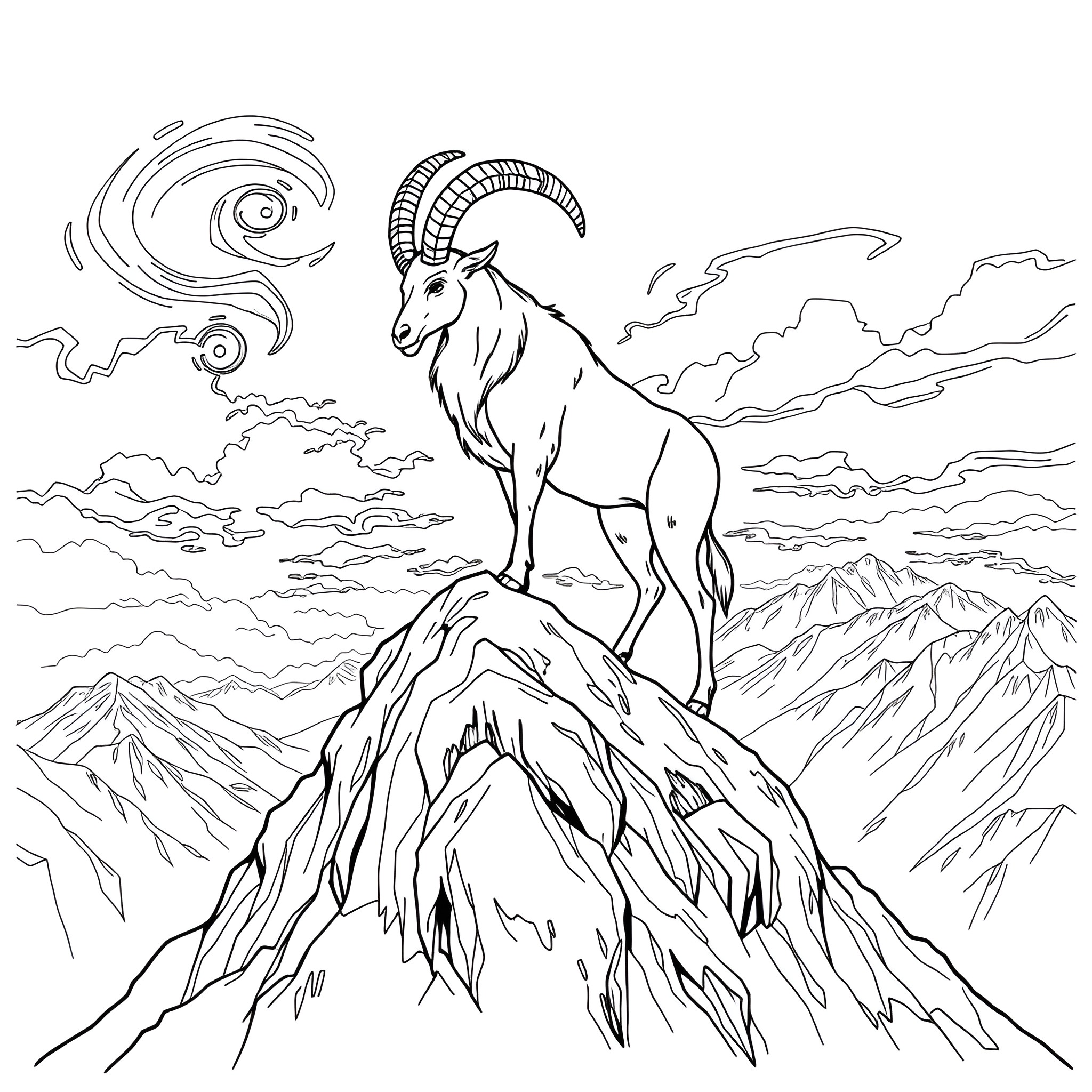 Capricorn mountain goat standing tall on rocky summit Coloring Page (free black-and-white line drawing printable PDF for all, from beginners to advanced learners, including children, teens, adults, and seniors)